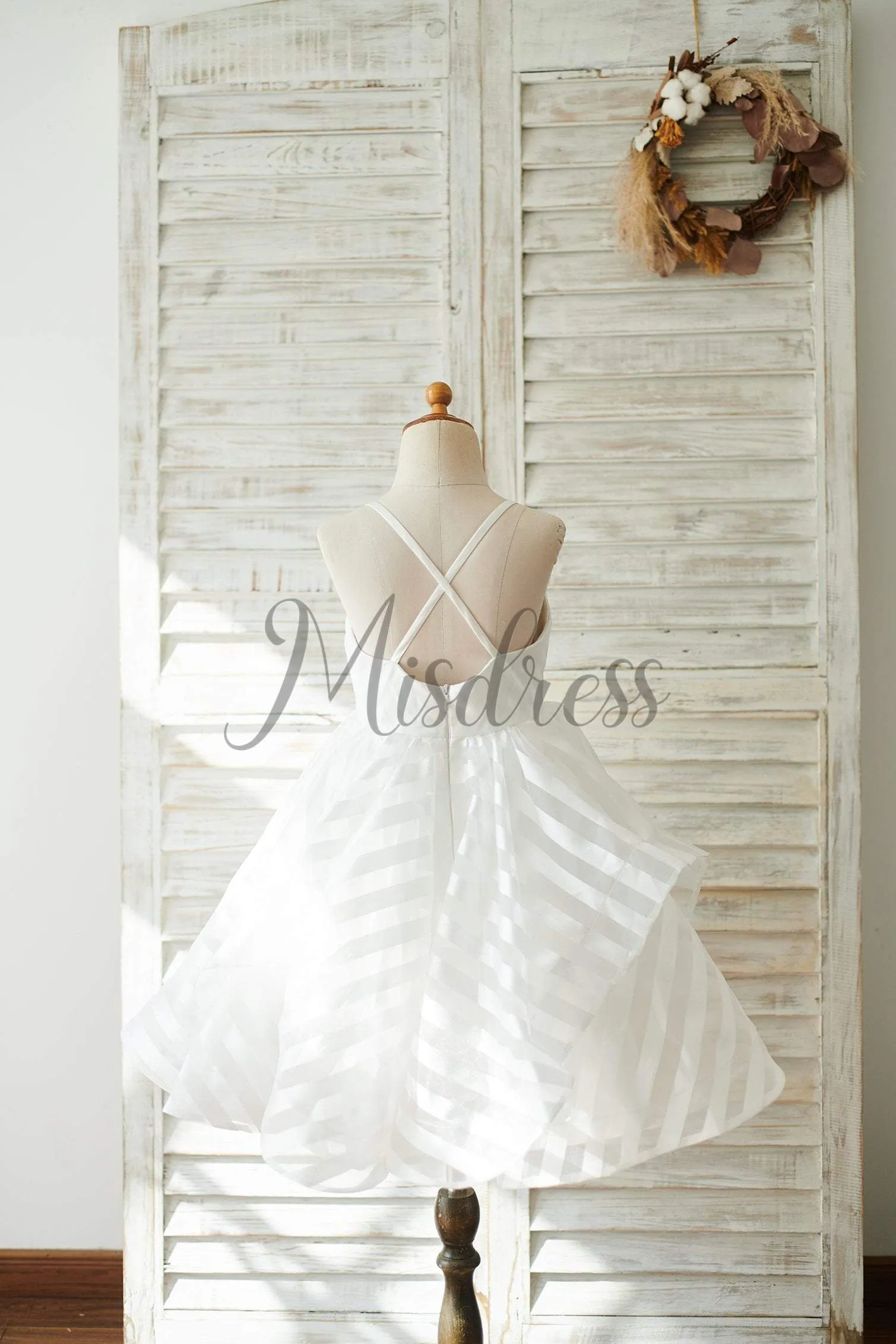 Ivory Stripes Organza Spaghetti Straps Cross Back Wedding Flower Girl Dress