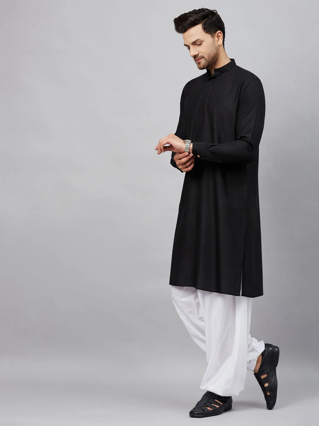 Jashvi Men's Black Cotton Blend Kurta and White Patiala Set