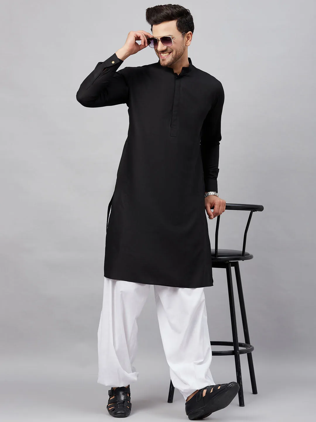 Jashvi Men's Black Cotton Blend Kurta and White Patiala Set