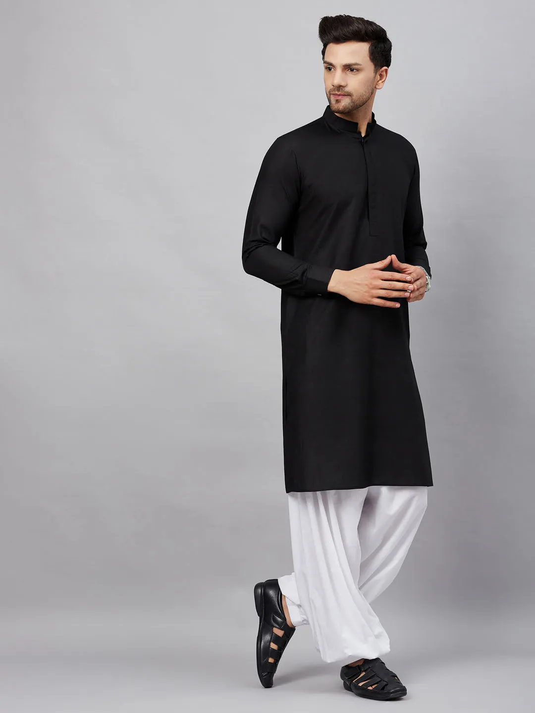 Jashvi Men's Black Cotton Blend Kurta and White Patiala Set