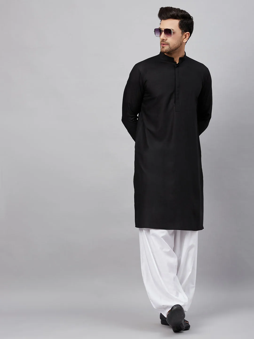 Jashvi Men's Black Cotton Blend Kurta and White Patiala Set