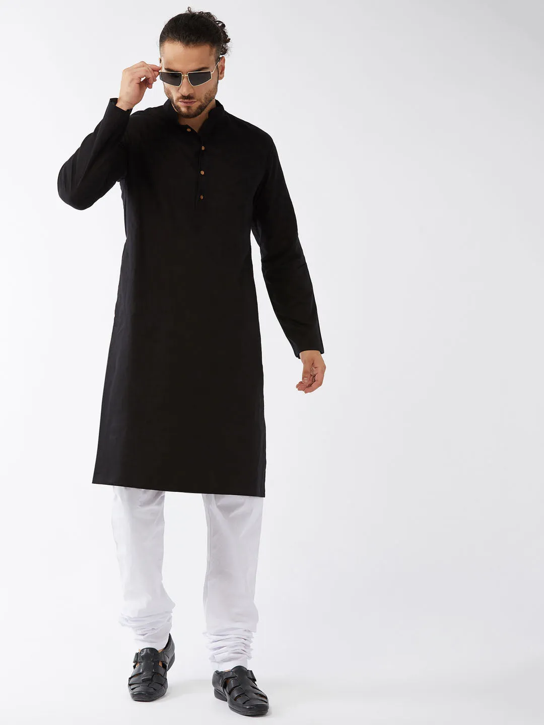 Jashvi Men's Black Cotton Linen Blend Kurta and Pyjama Set