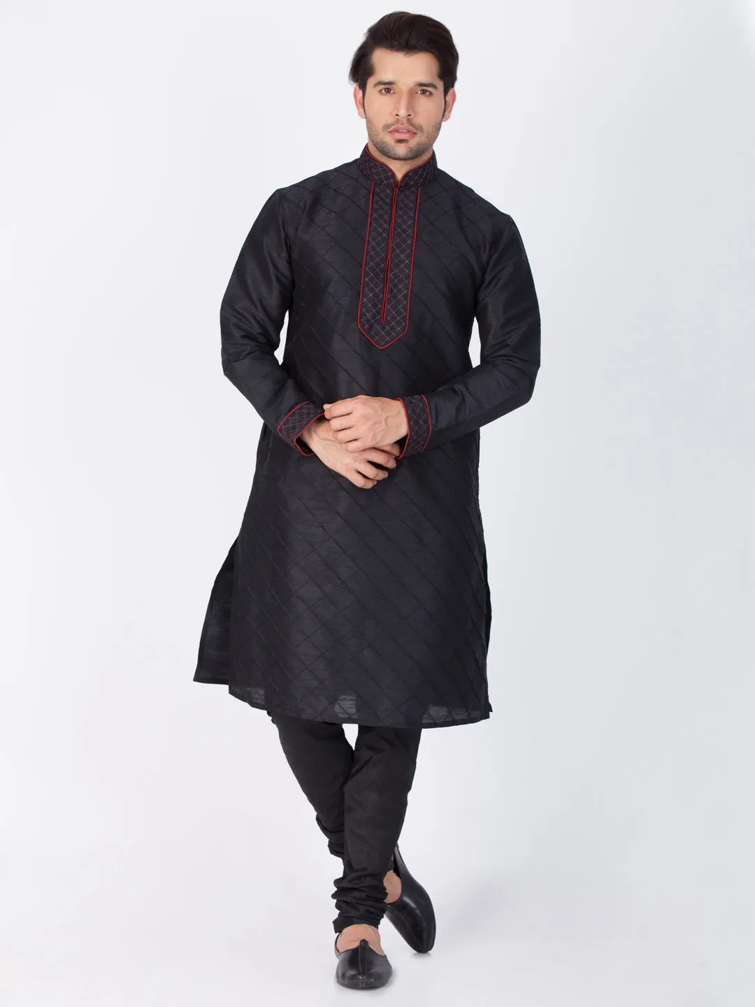 Jashvi Men's Black Silk Blend Kurta and Pyjama Set