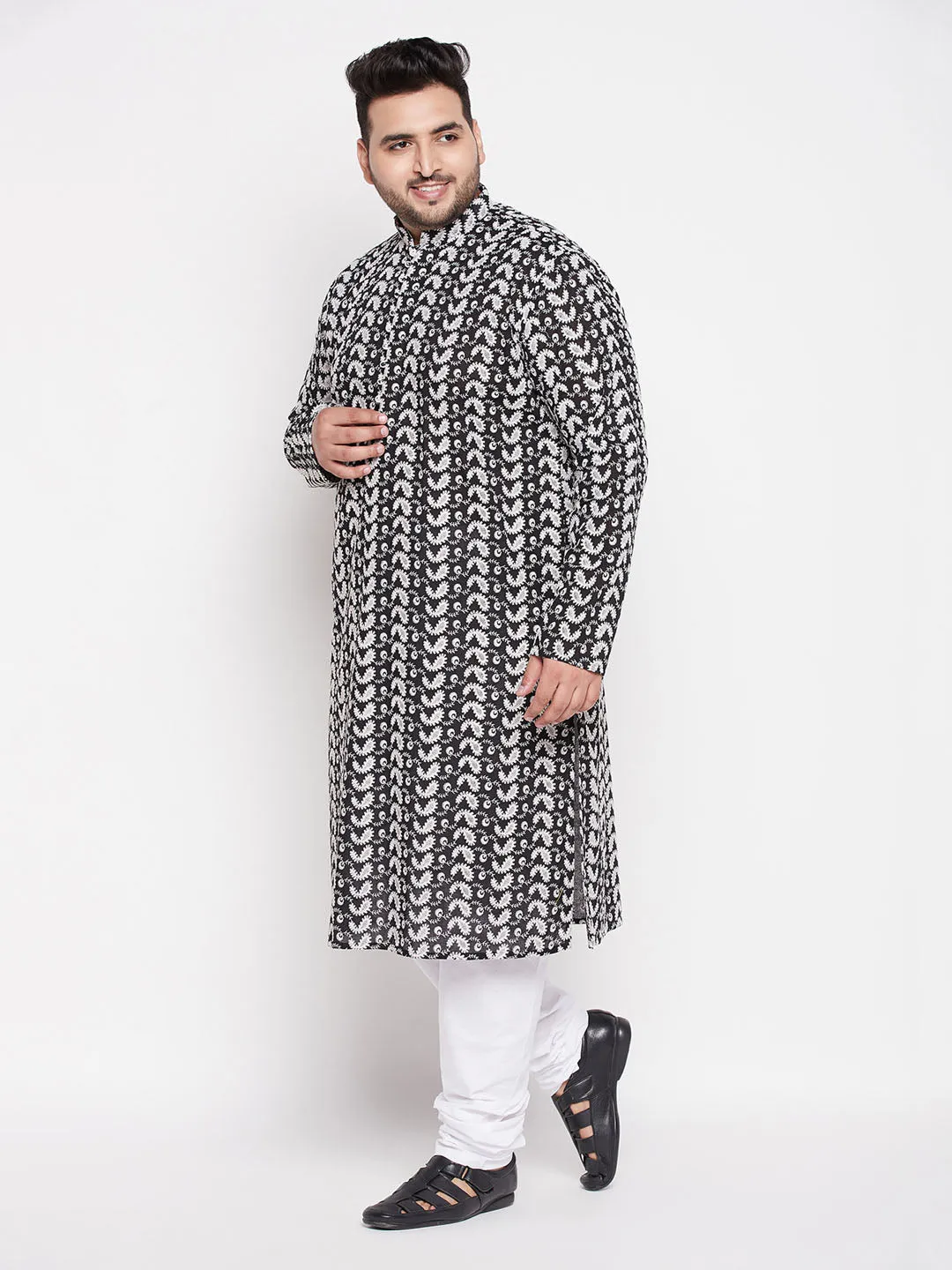 Jashvi Men's Plus Size Black Chikankari Embroidered Kurta And White Pyjama Set