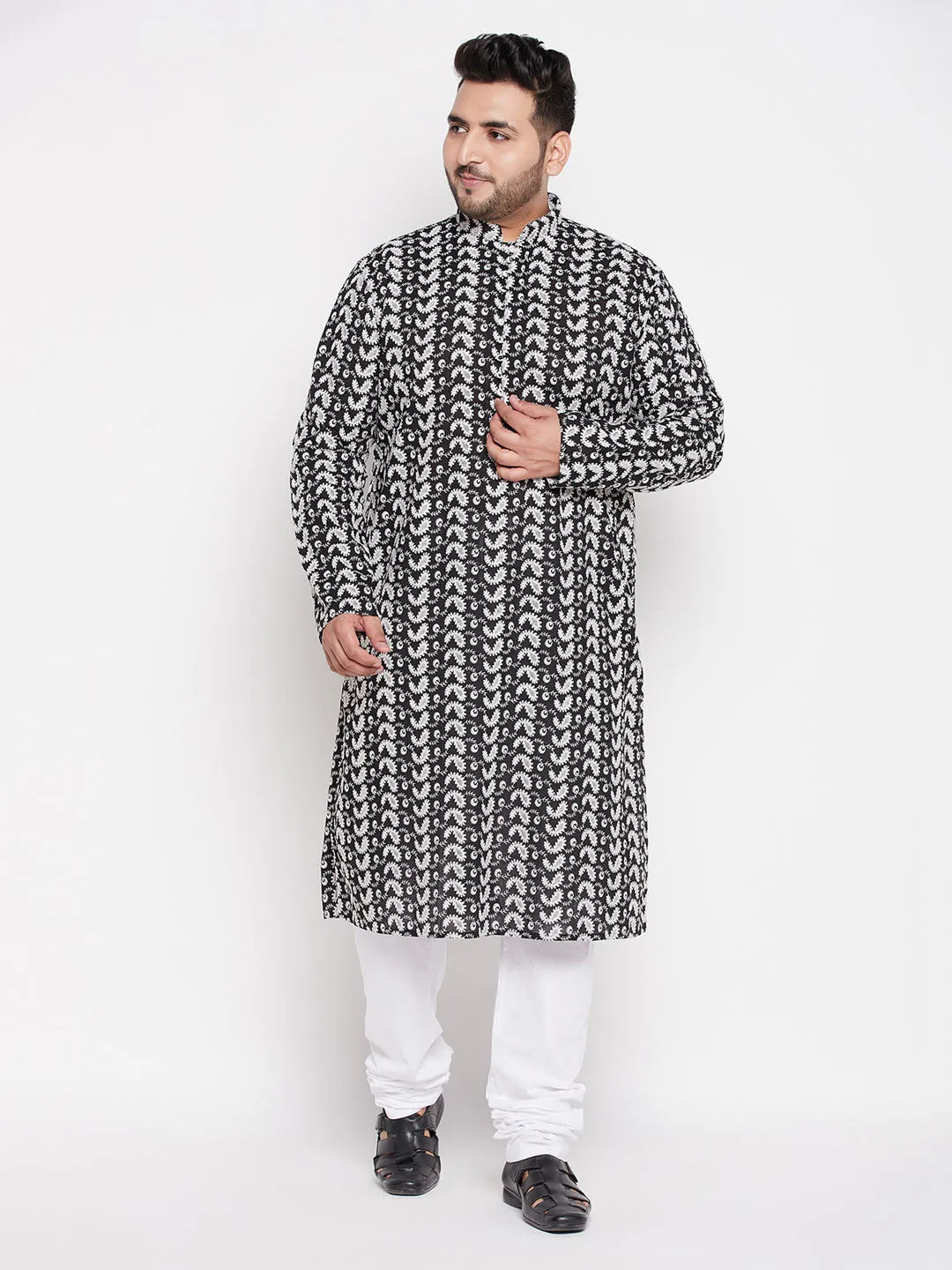 Jashvi Men's Plus Size Black Chikankari Embroidered Kurta And White Pyjama Set