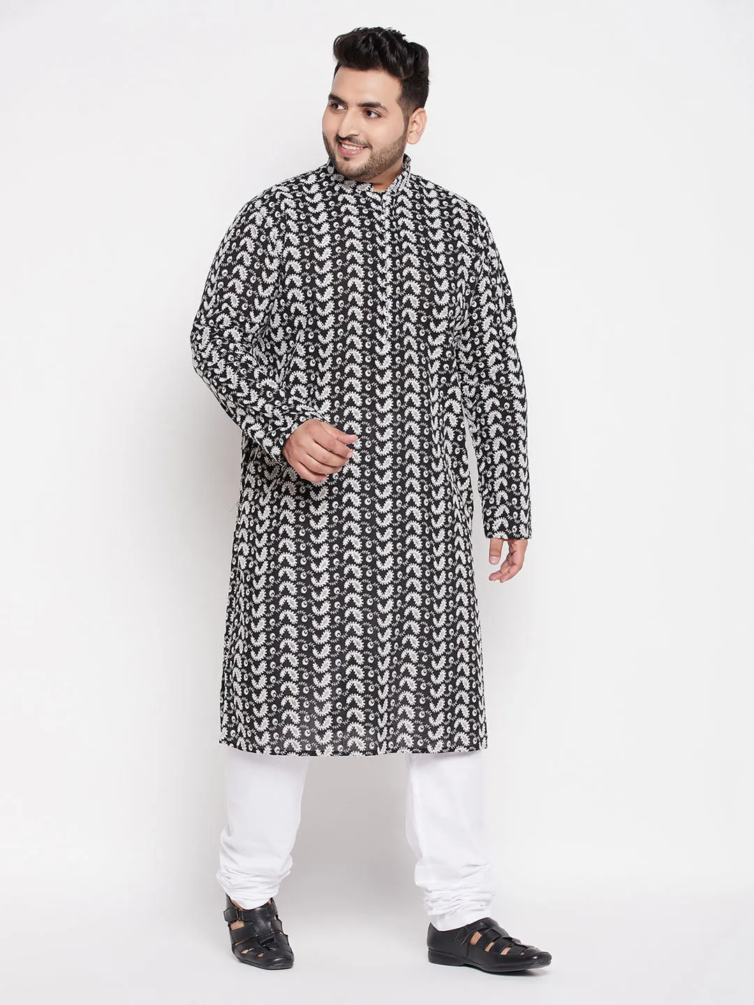 Jashvi Men's Plus Size Black Chikankari Embroidered Kurta And White Pyjama Set