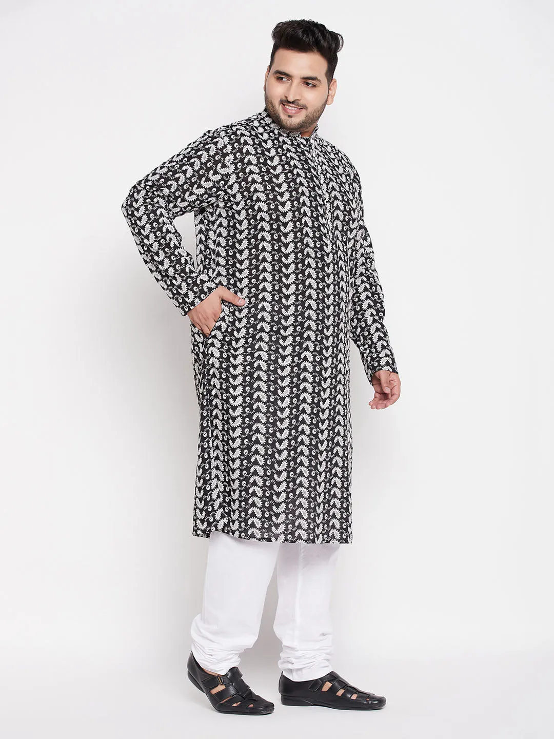 Jashvi Men's Plus Size Black Chikankari Embroidered Kurta And White Pyjama Set