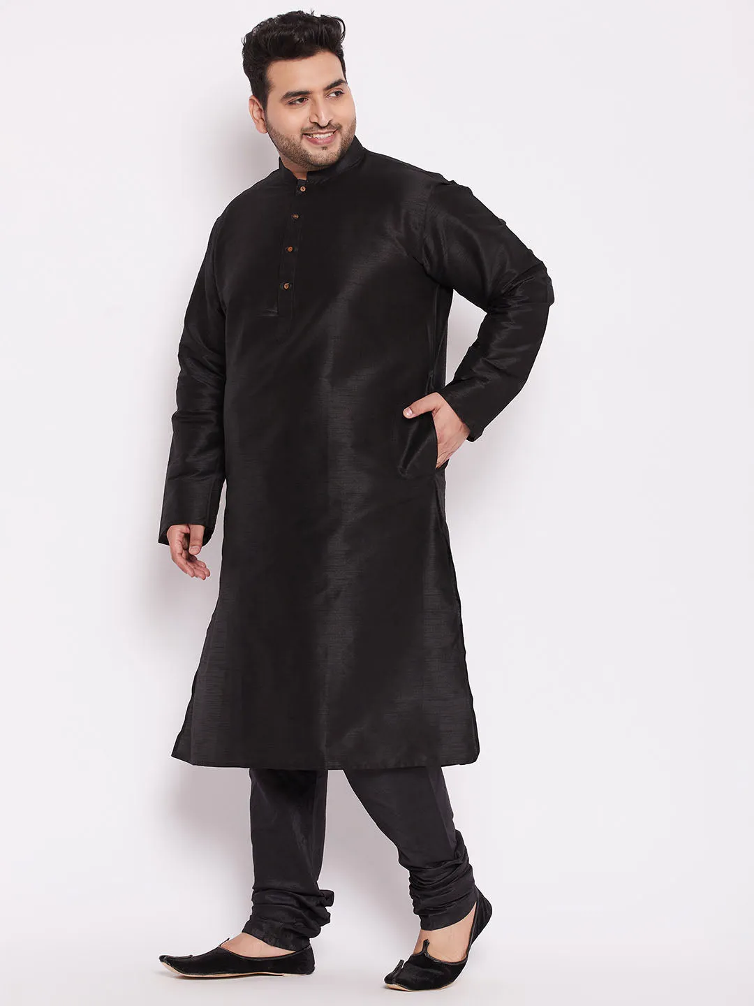 Jashvi Men's Plus Size Black Cotton Silk Blend Kurta and Pyjama Set