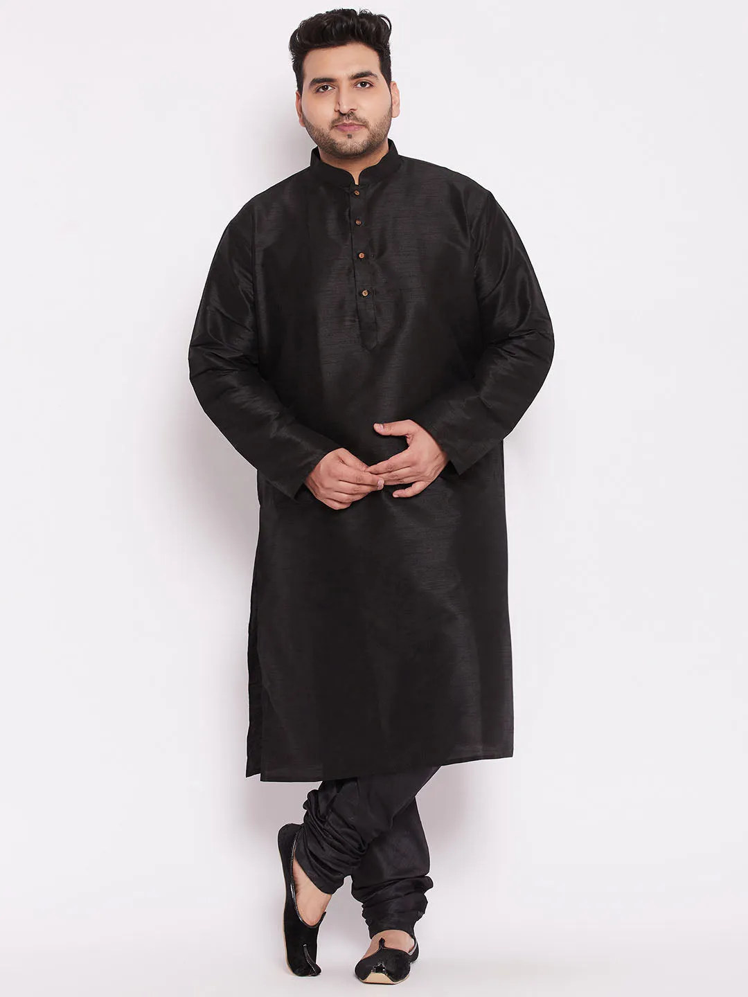 Jashvi Men's Plus Size Black Cotton Silk Blend Kurta and Pyjama Set