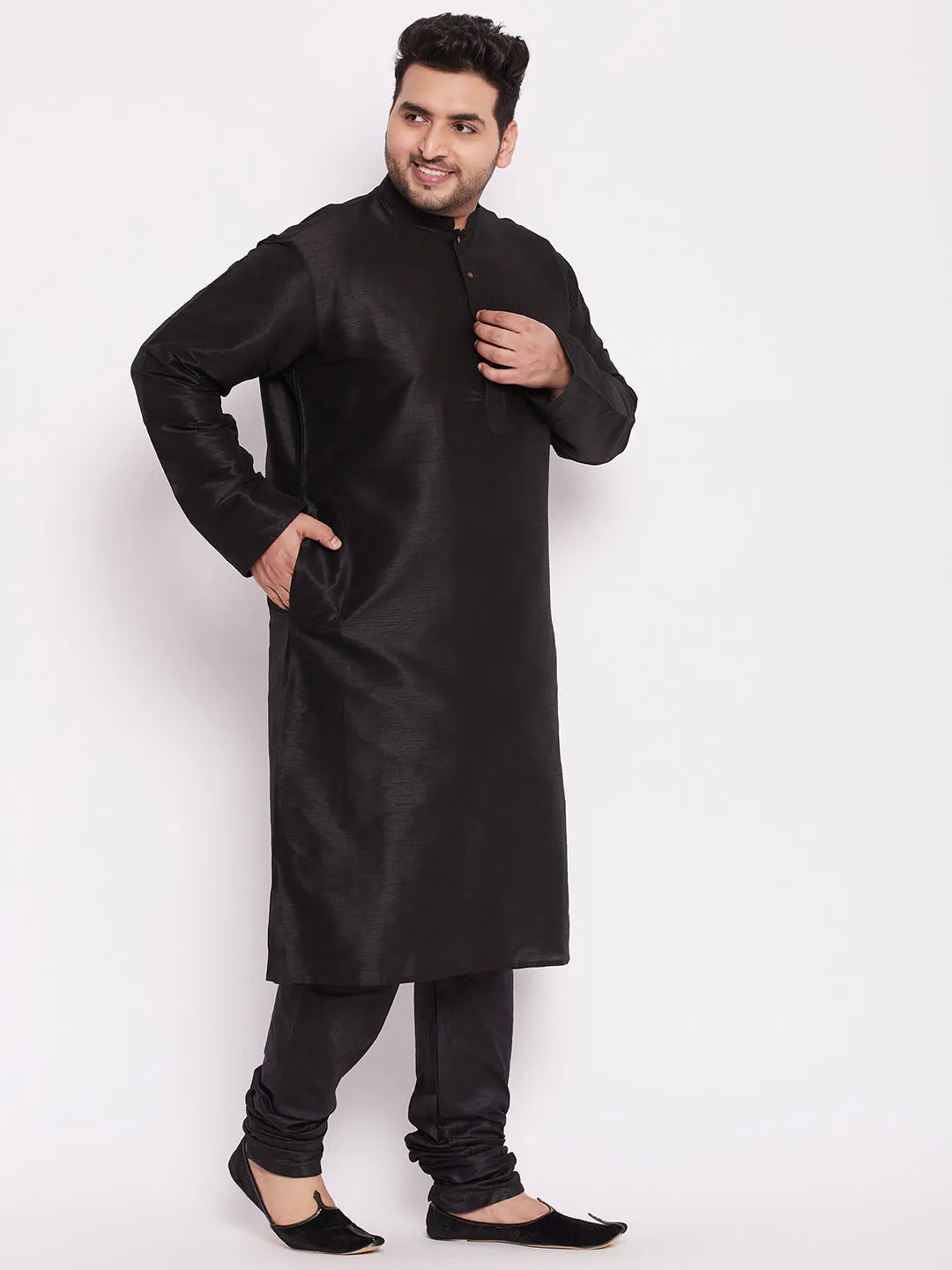 Jashvi Men's Plus Size Black Cotton Silk Blend Kurta and Pyjama Set