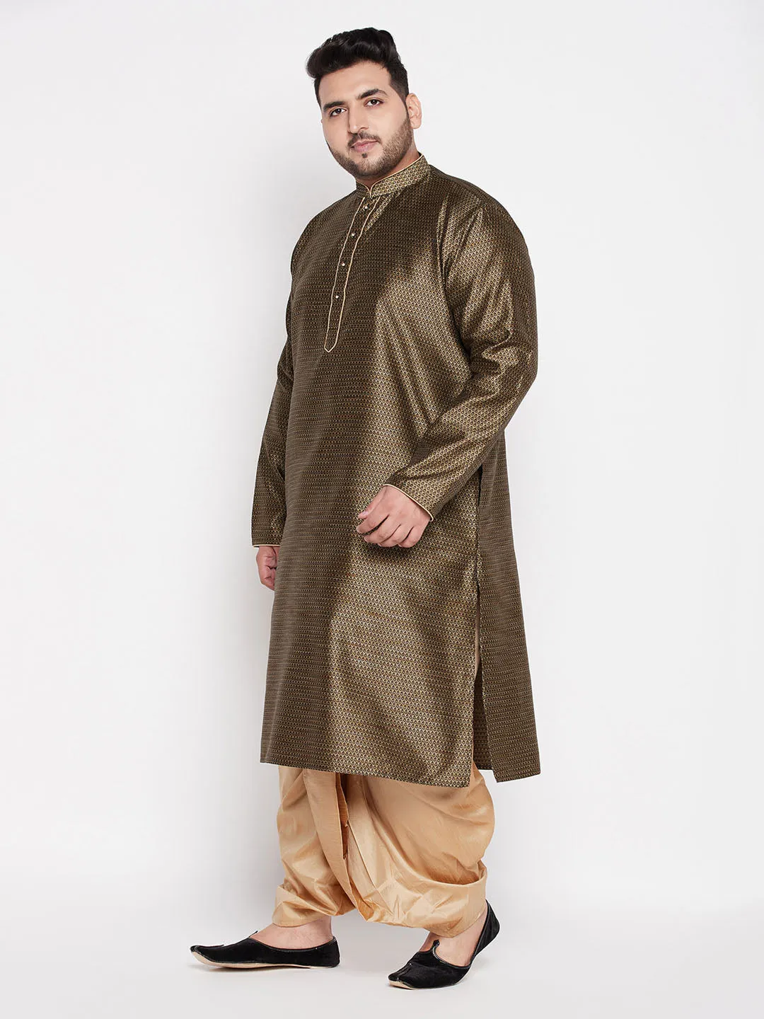 Jashvi Men's Plus Size Black Woven Kurta And Rose Gold Dhoti Set