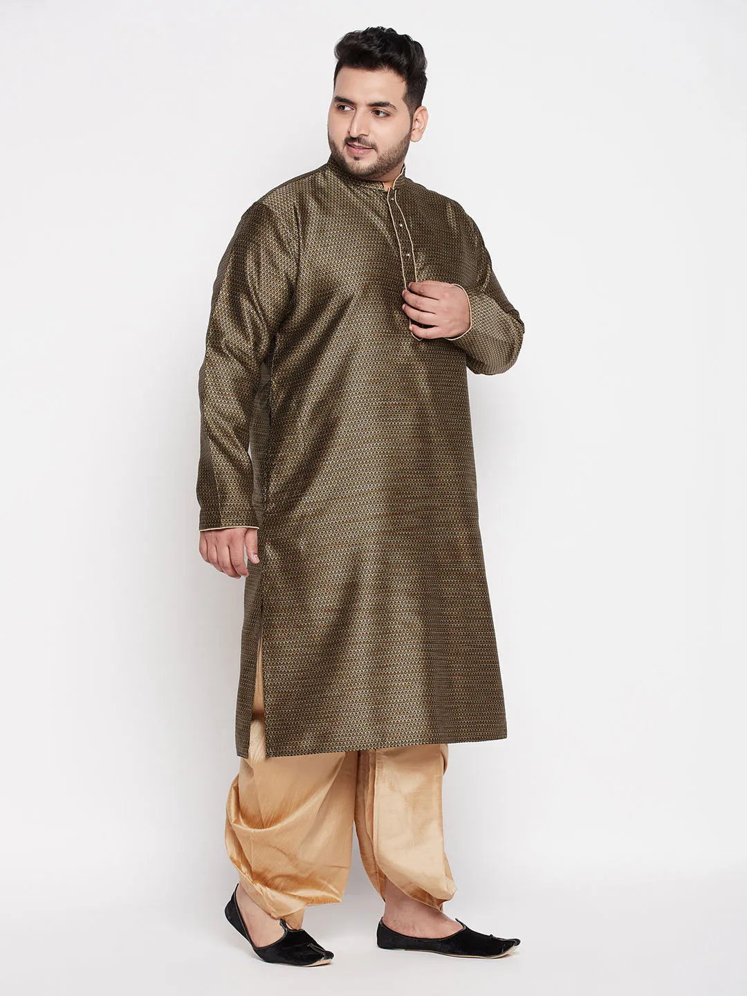 Jashvi Men's Plus Size Black Woven Kurta And Rose Gold Dhoti Set