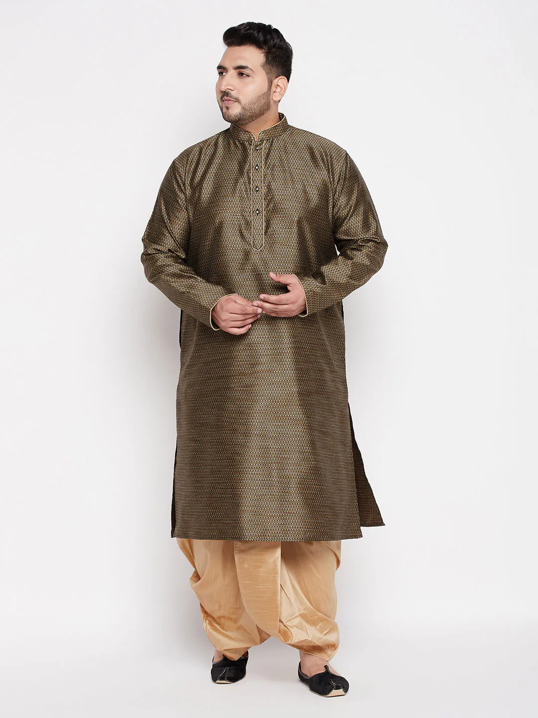 Jashvi Men's Plus Size Black Woven Kurta And Rose Gold Dhoti Set