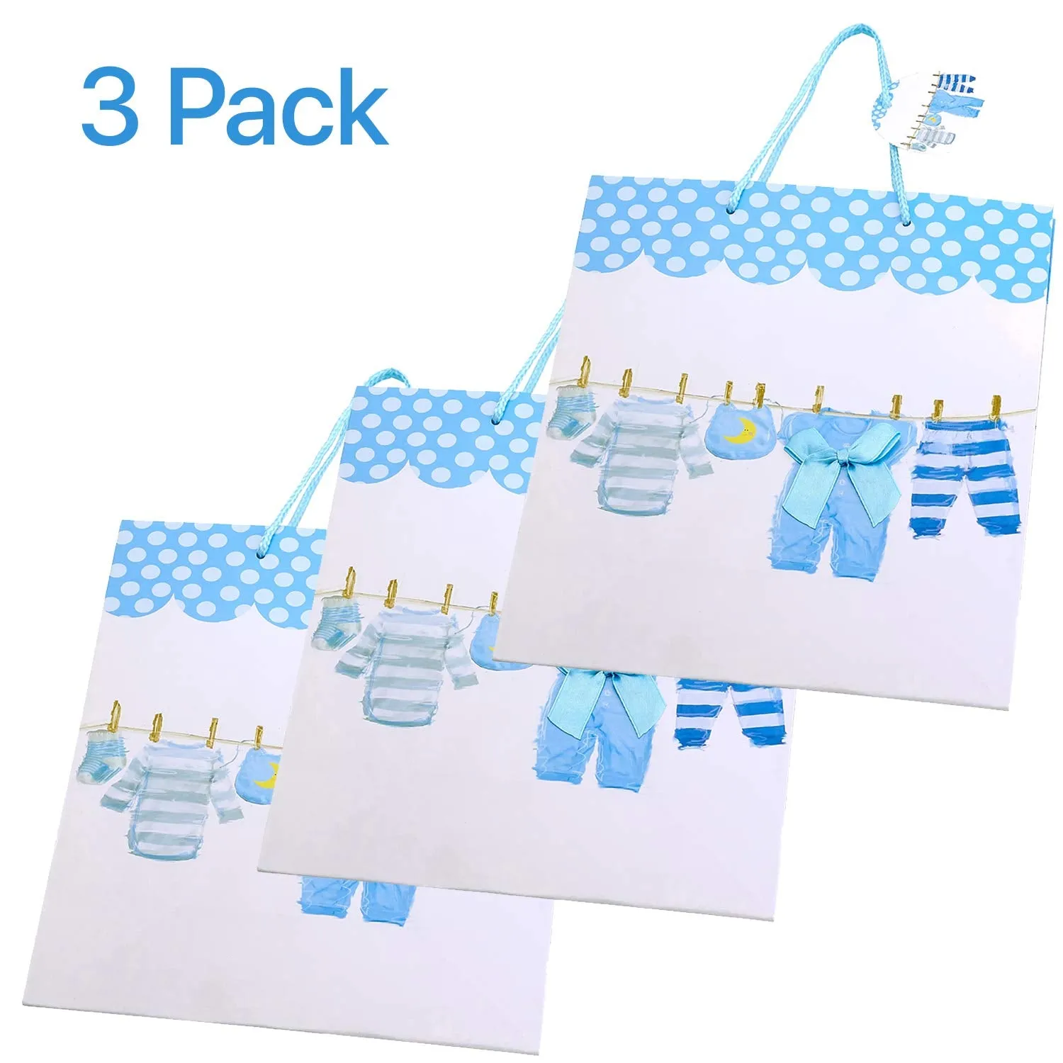 Kicko Large Blue Baby Gift Bags - 3 Pack - 13 Inches, Featuring Onesies, Bibs, Newborn