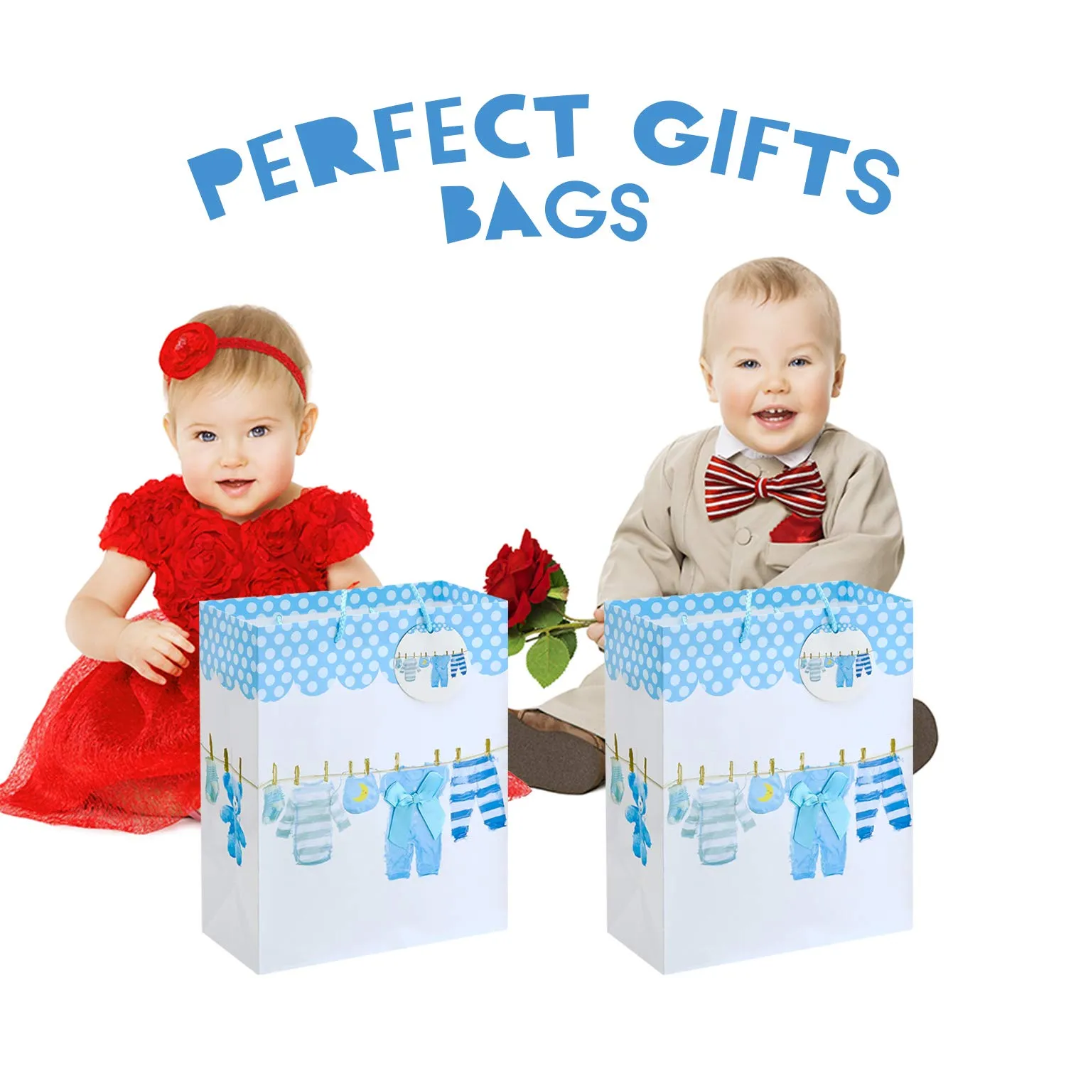 Kicko Large Blue Baby Gift Bags - 3 Pack - 13 Inches, Featuring Onesies, Bibs, Newborn