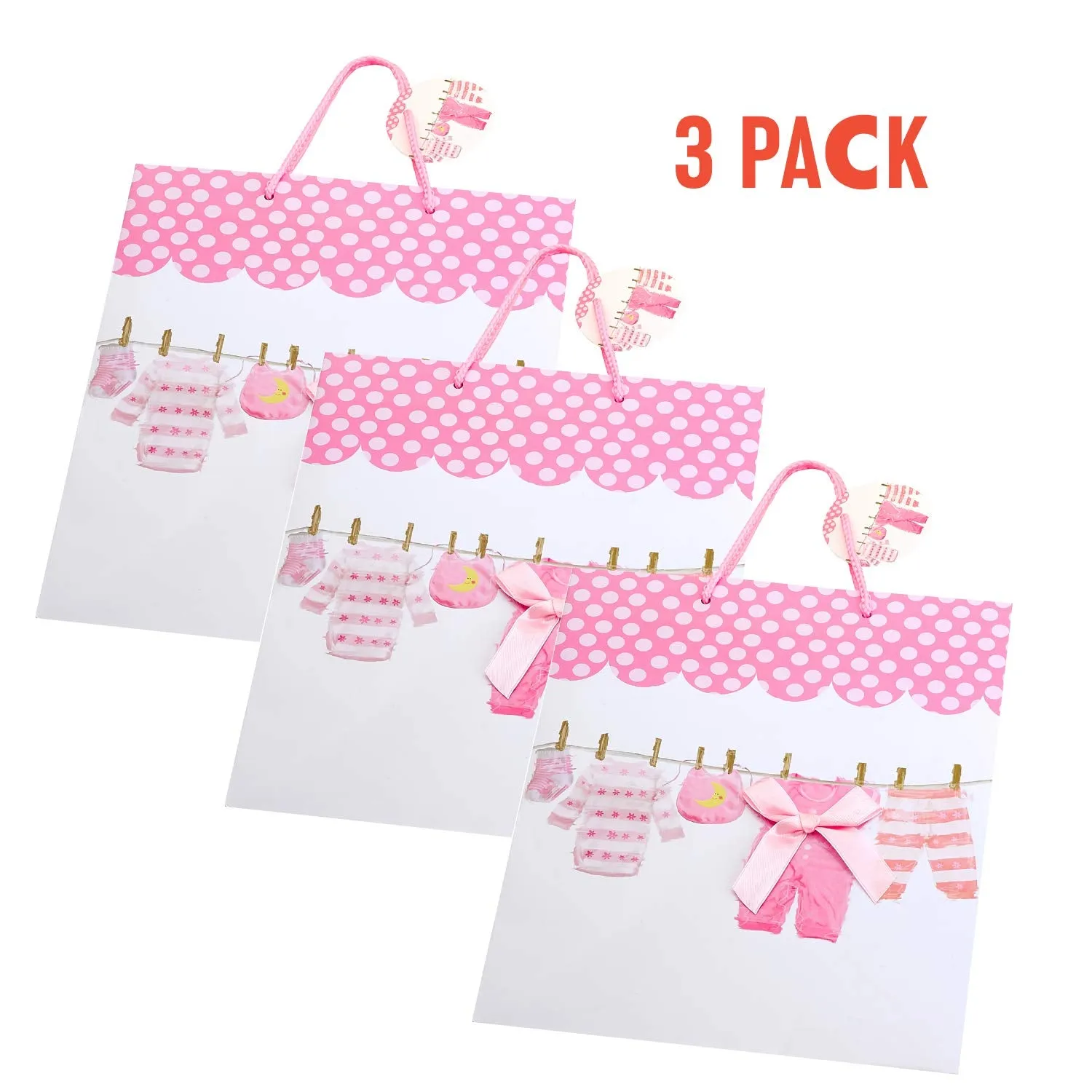 Kicko Large Pink Baby Gift Bags - 3 Pack - 13 Inches, Featuring Onesies, Bibs, Newborn