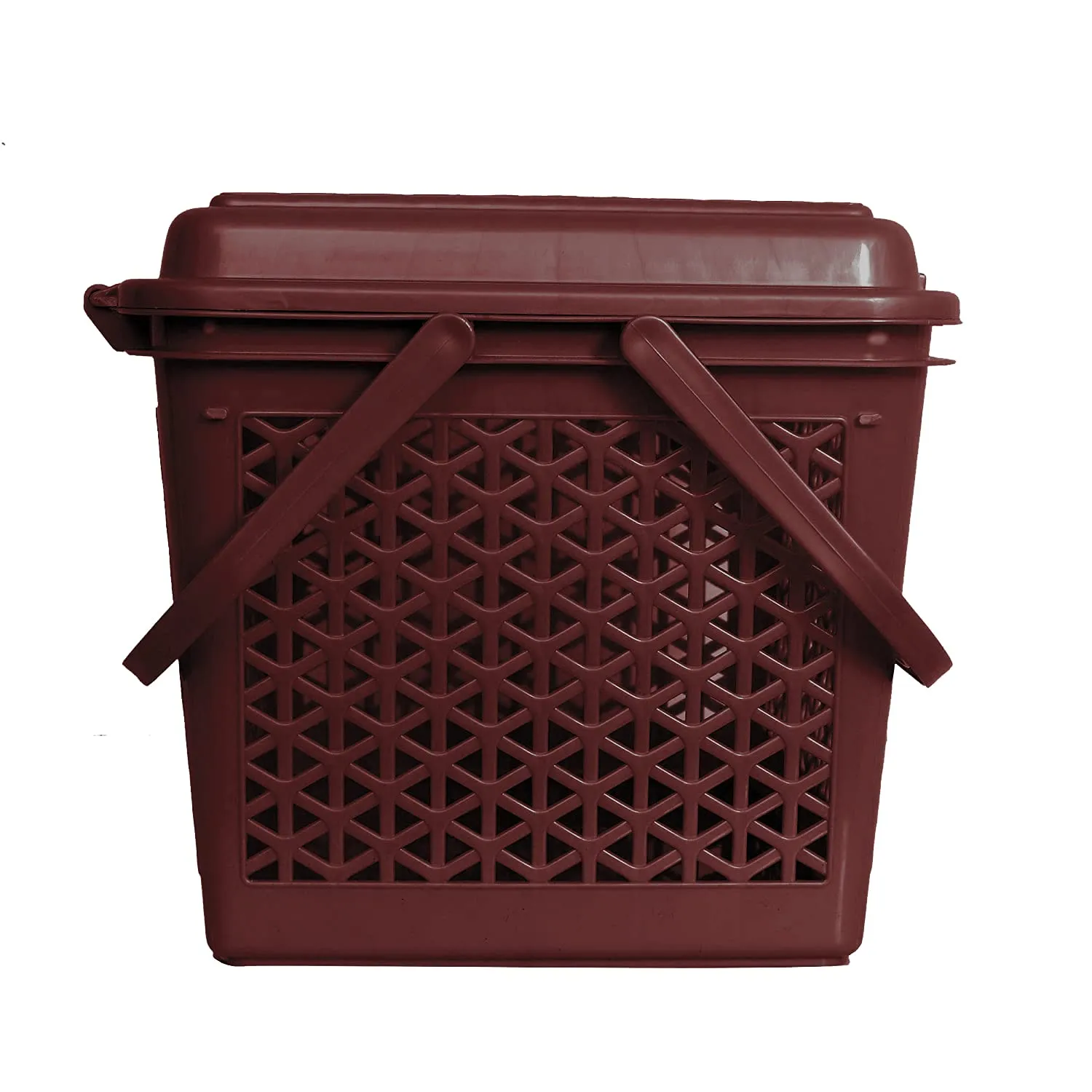 Kuber Industries Trendy Shopping/Storage Basket with Handles|Solid Plastic Big Bin|Handles Plus Lid|Size 30 x 41 x 28 (Brown)-KUBMART11096