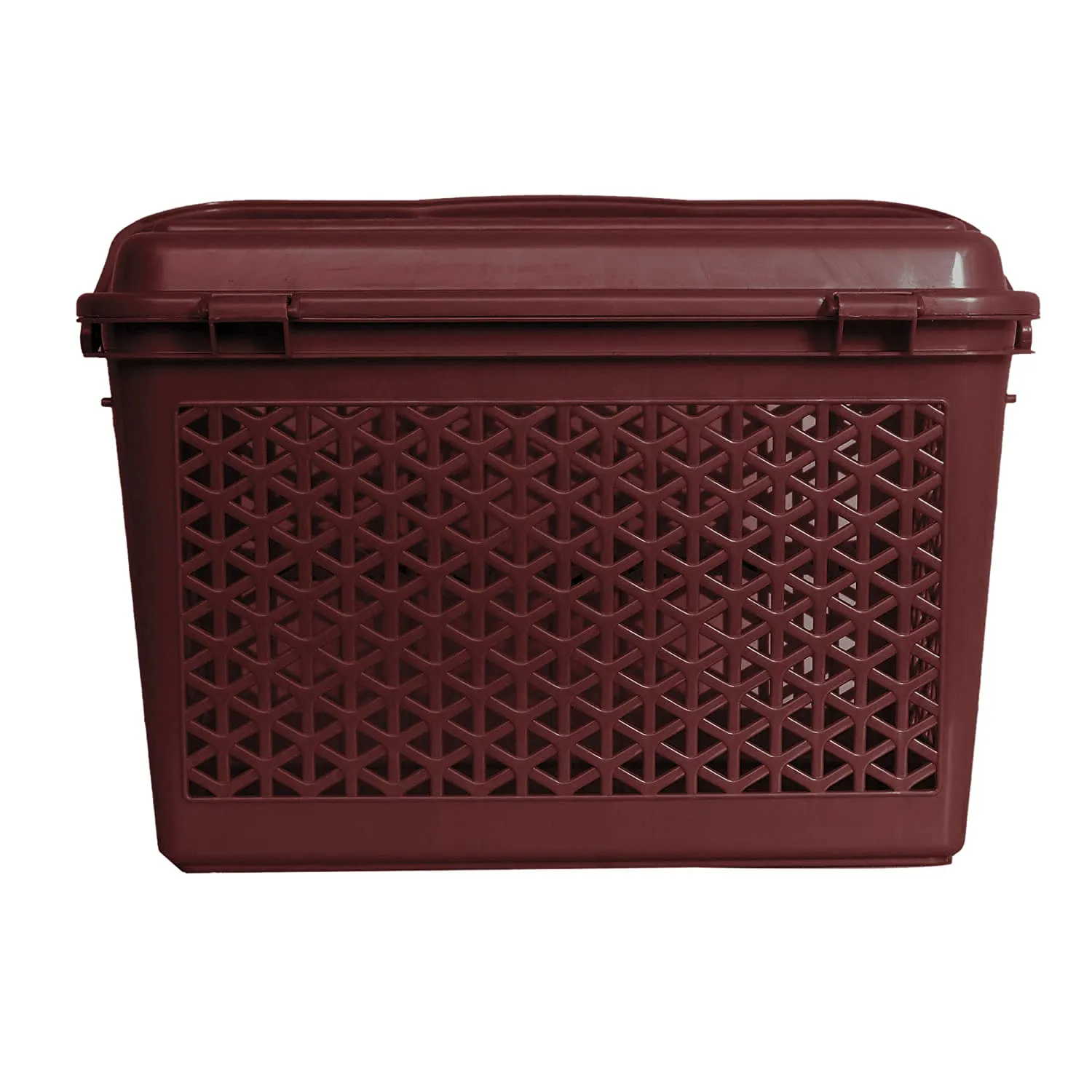 Kuber Industries Trendy Shopping/Storage Basket with Handles|Solid Plastic Big Bin|Handles Plus Lid|Size 30 x 41 x 28 (Brown)-KUBMART11096