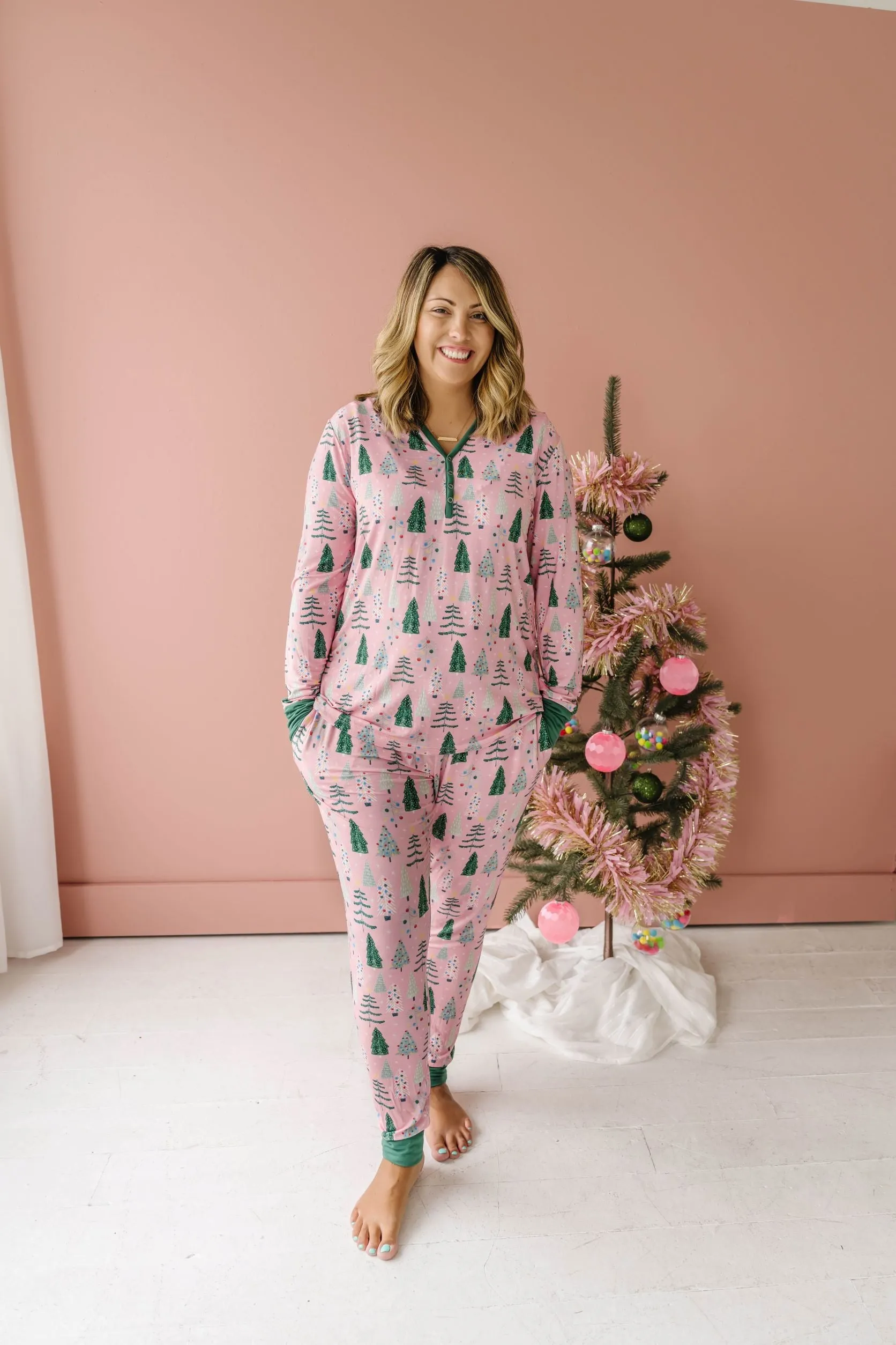 Little Sleepies Pink Twinkling Trees Women's Bamboo 2pc Pajama Set