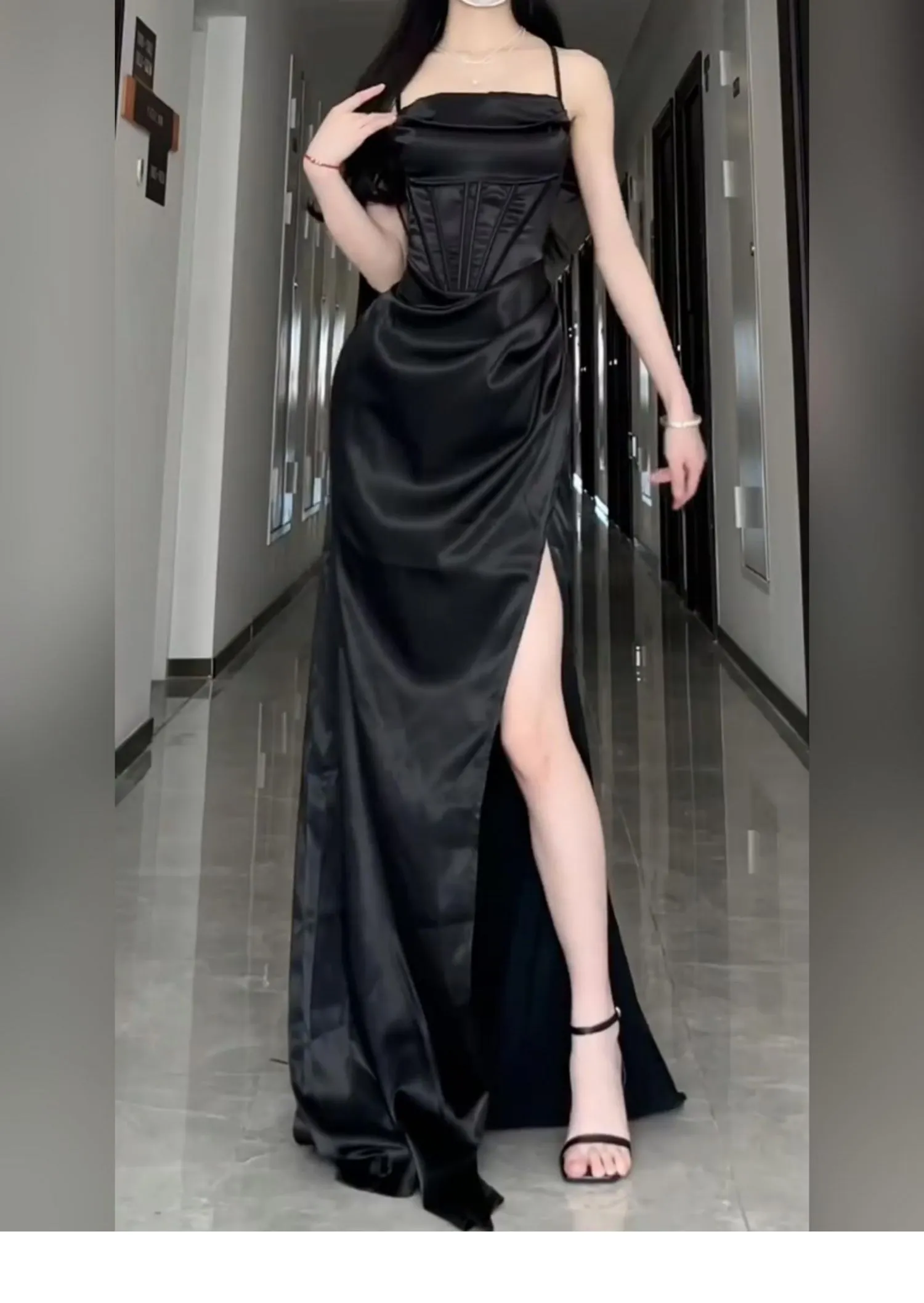 Long Formal Plus Size Black Slit Sling Dress