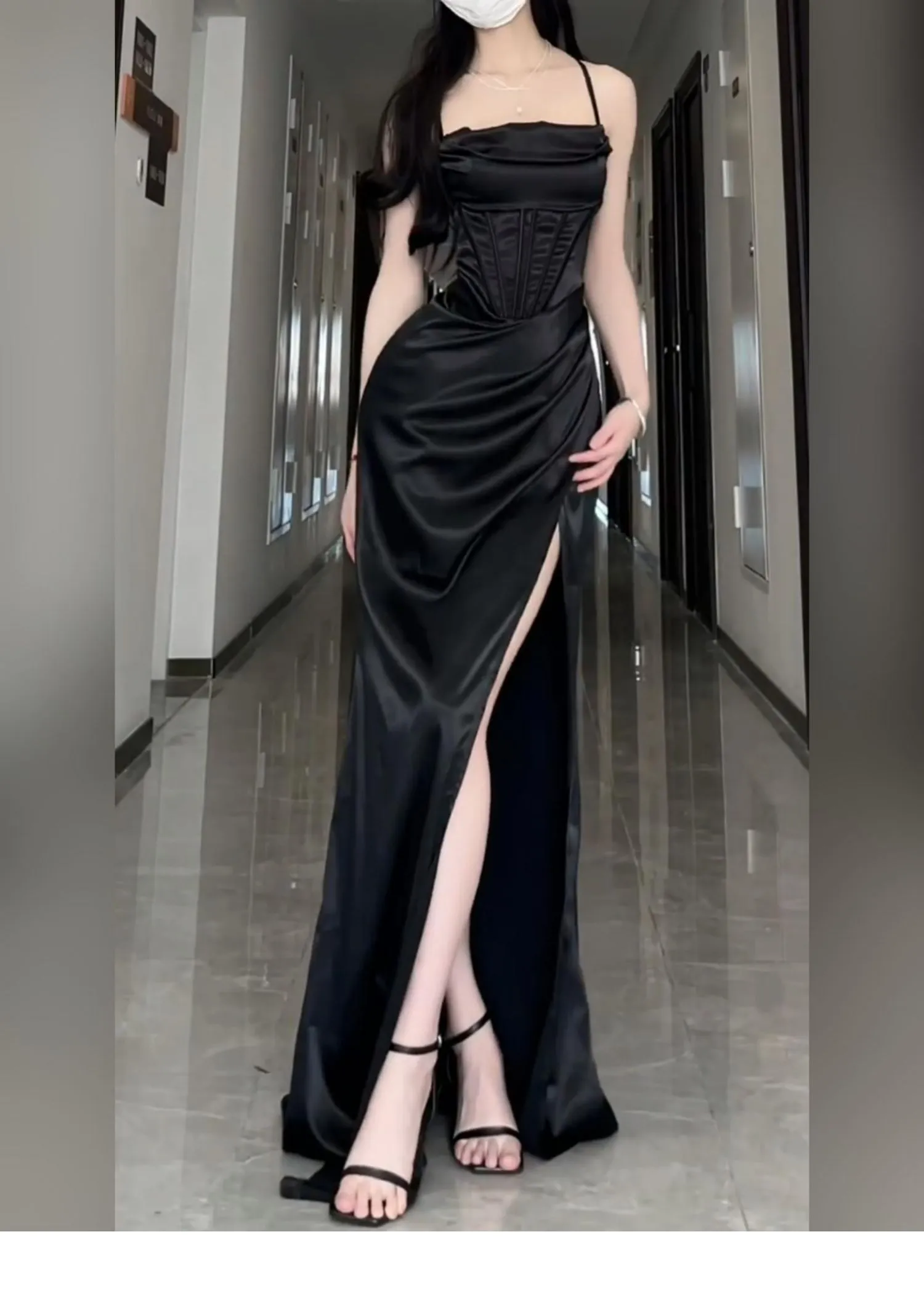 Long Formal Plus Size Black Slit Sling Dress