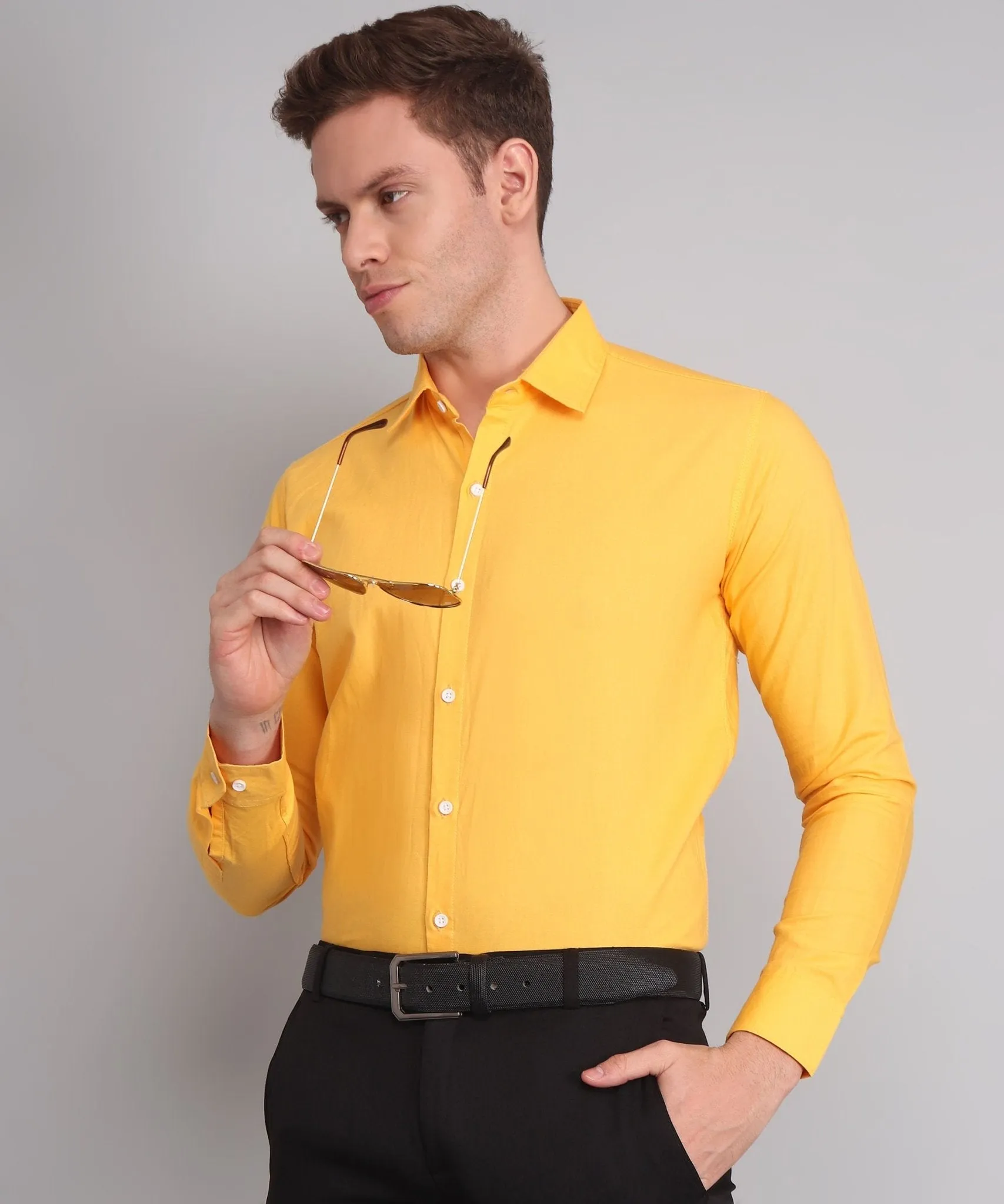 Luxurious Exclusive TryBuy Premium Wrinkle-Free Yellow Button-Up Shirt for Men