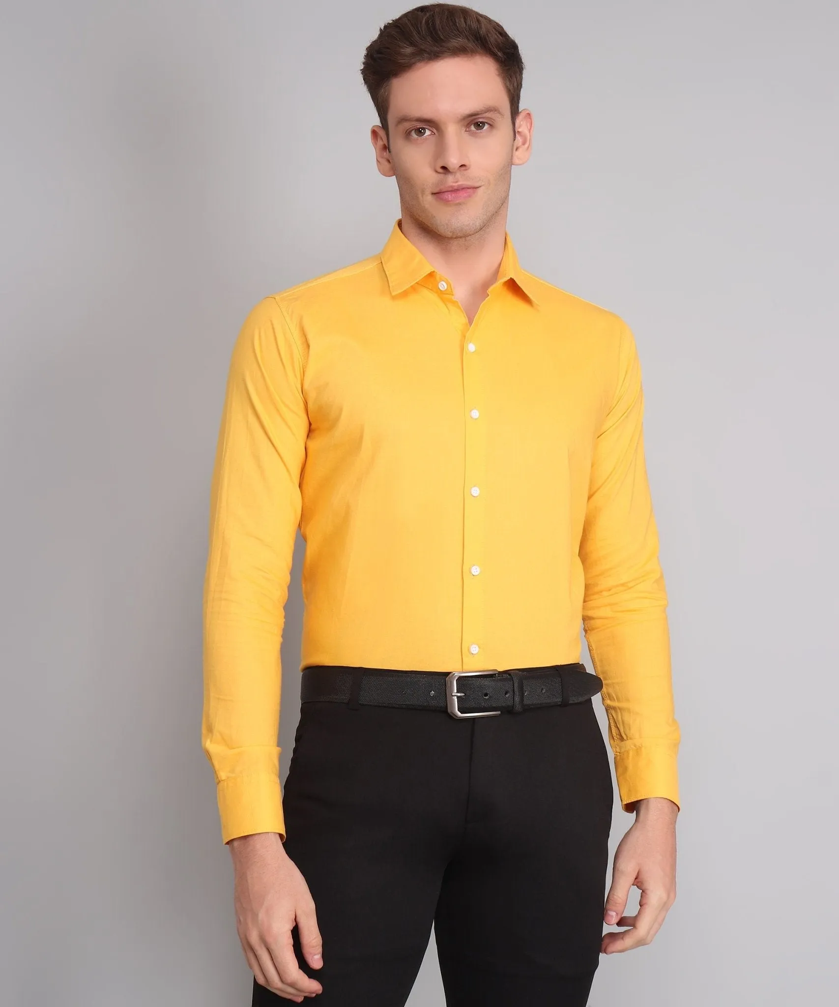 Luxurious Exclusive TryBuy Premium Wrinkle-Free Yellow Button-Up Shirt for Men