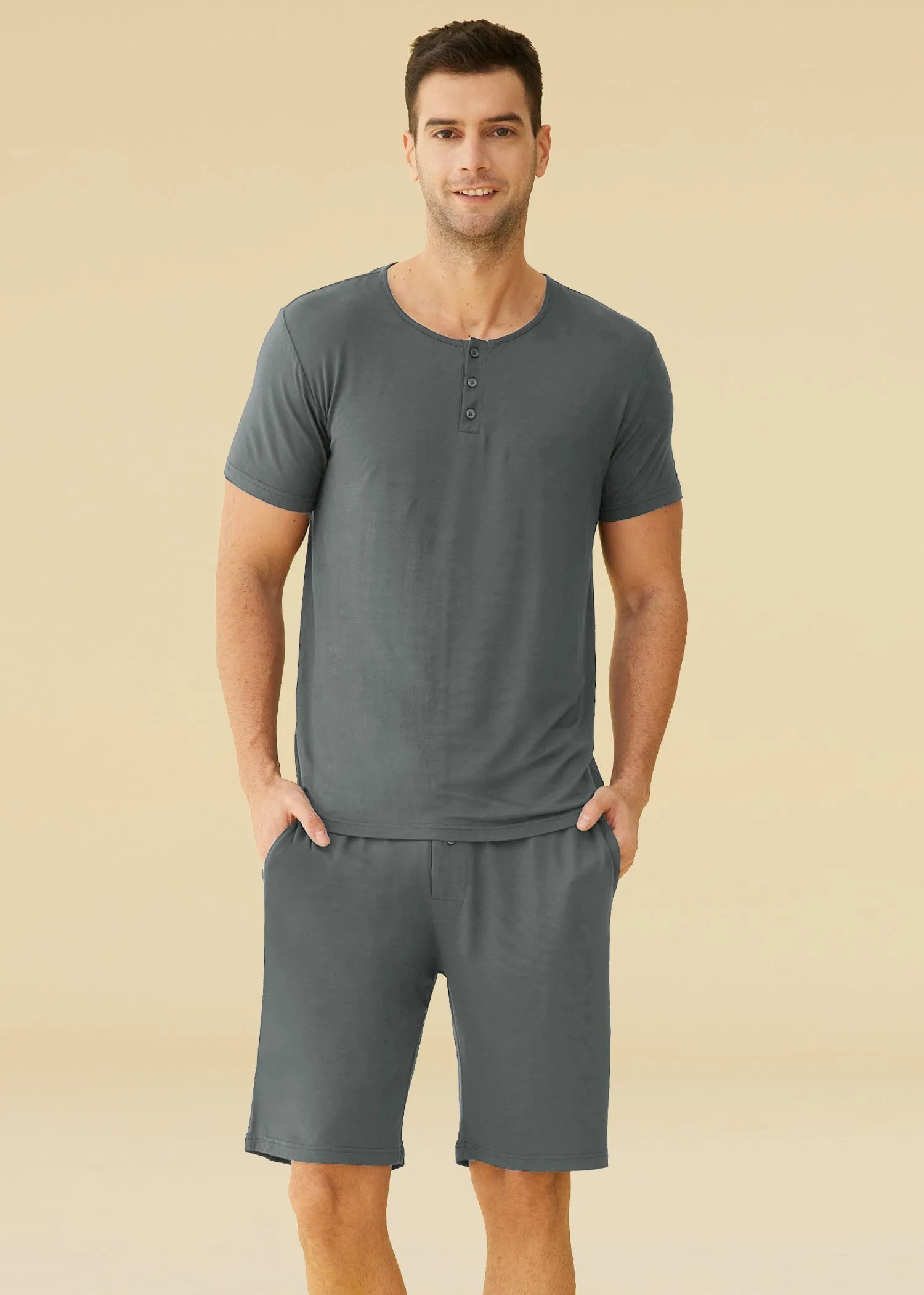 Men's Bamboo Viscose Henley Shirt Lounge Shorts Pajama Set