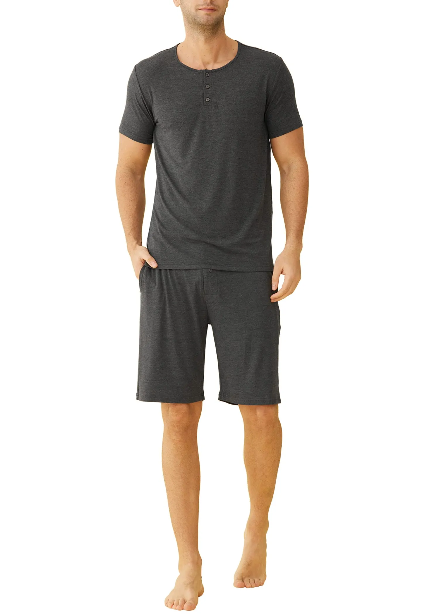 Men's Bamboo Viscose Henley Shirt Lounge Shorts Pajama Set