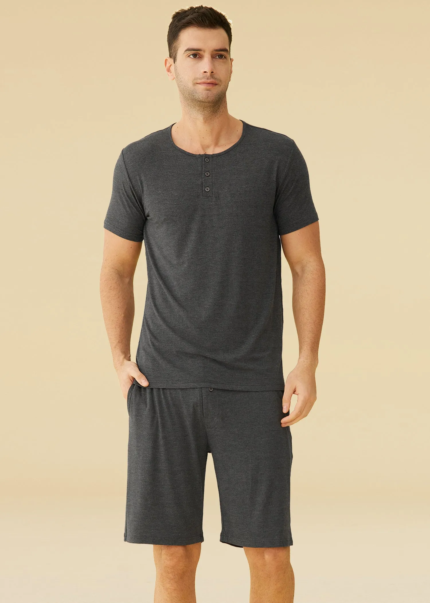 Men's Bamboo Viscose Henley Shirt Lounge Shorts Pajama Set