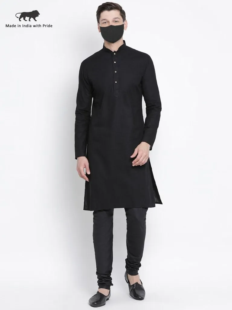 Men's Black Cotton Linen Blend Kurta and Pyjama Set - Vastramay