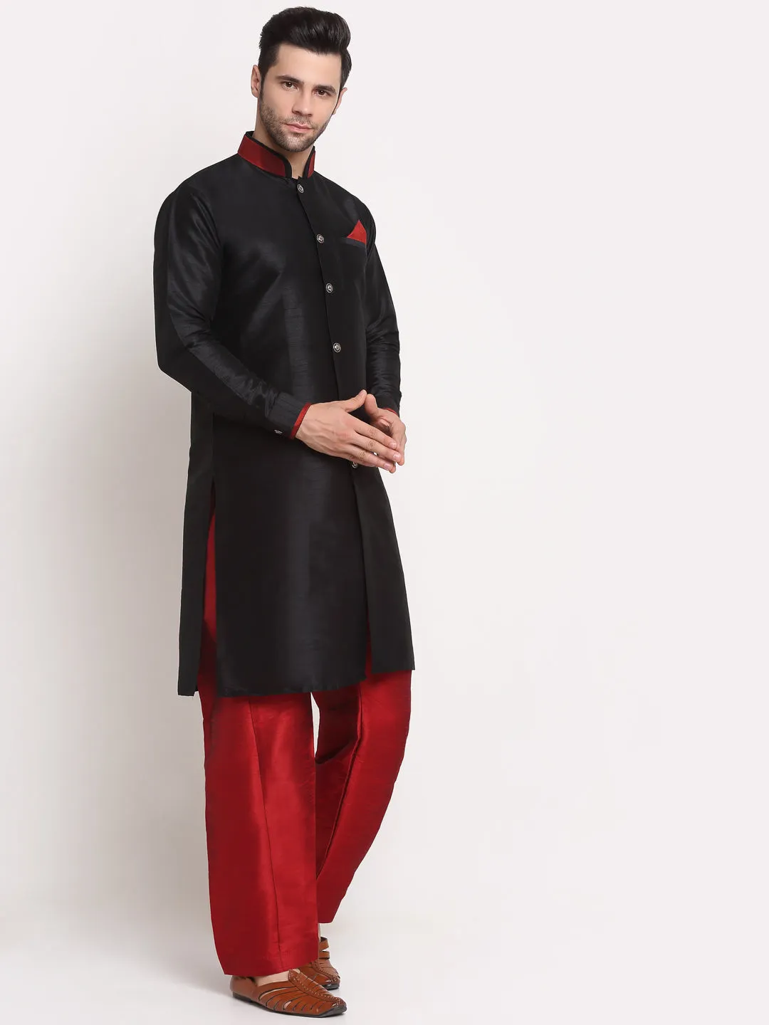 Men's Black Solid Kurta With Maroon Pyjamas Set - Benstoke