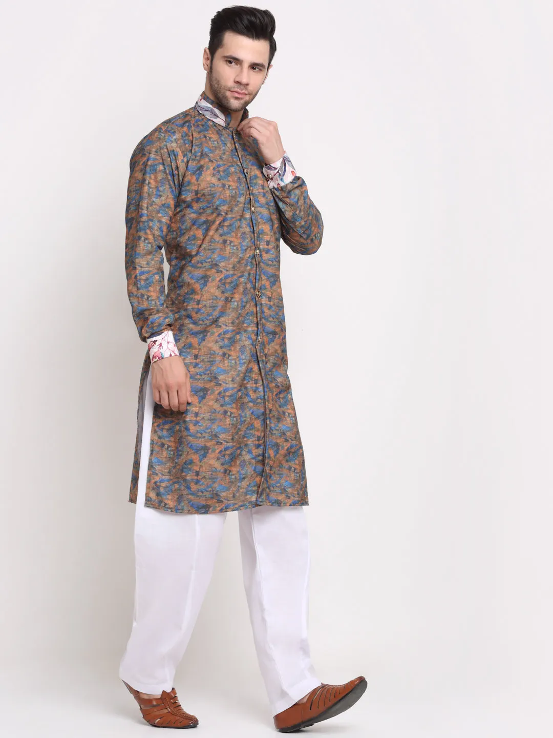 Men's Blue & Brown Printed Kurta With White Pyjamas Set - Benstoke