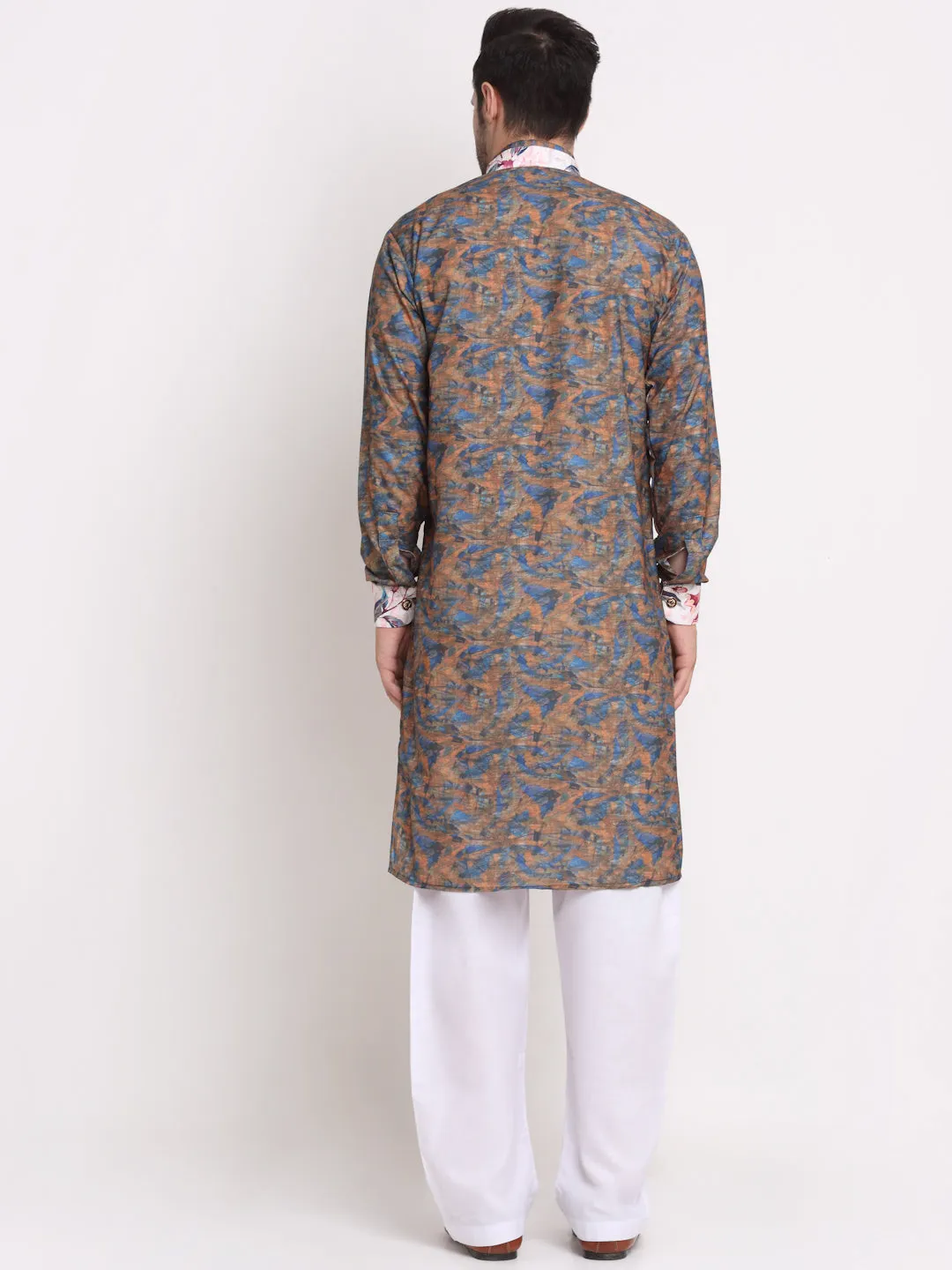 Men's Blue & Brown Printed Kurta With White Pyjamas Set - Benstoke