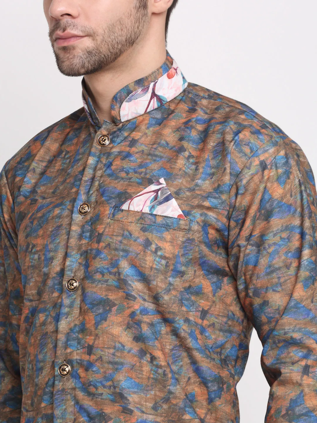 Men's Blue & Brown Printed Kurta With White Pyjamas Set - Benstoke