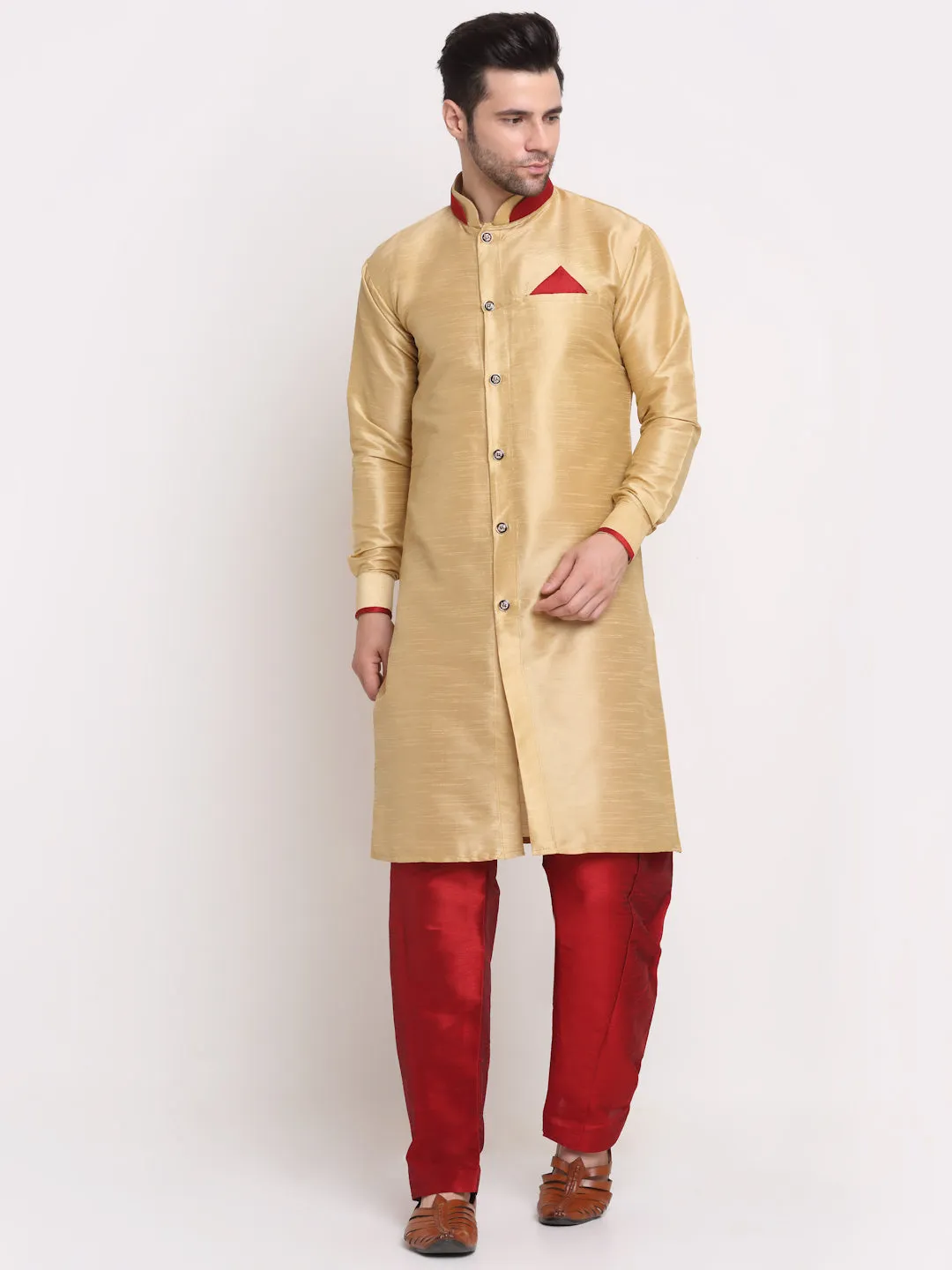 Men's Gold Solid Kurta With Maroon Pyjamas Set - Benstoke