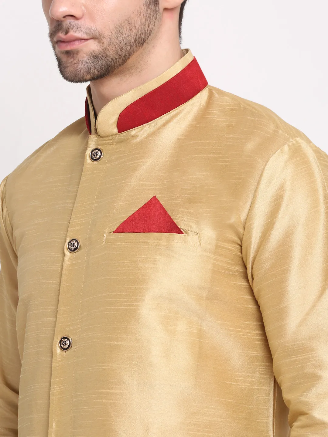 Men's Gold Solid Kurta With Maroon Pyjamas Set - Benstoke