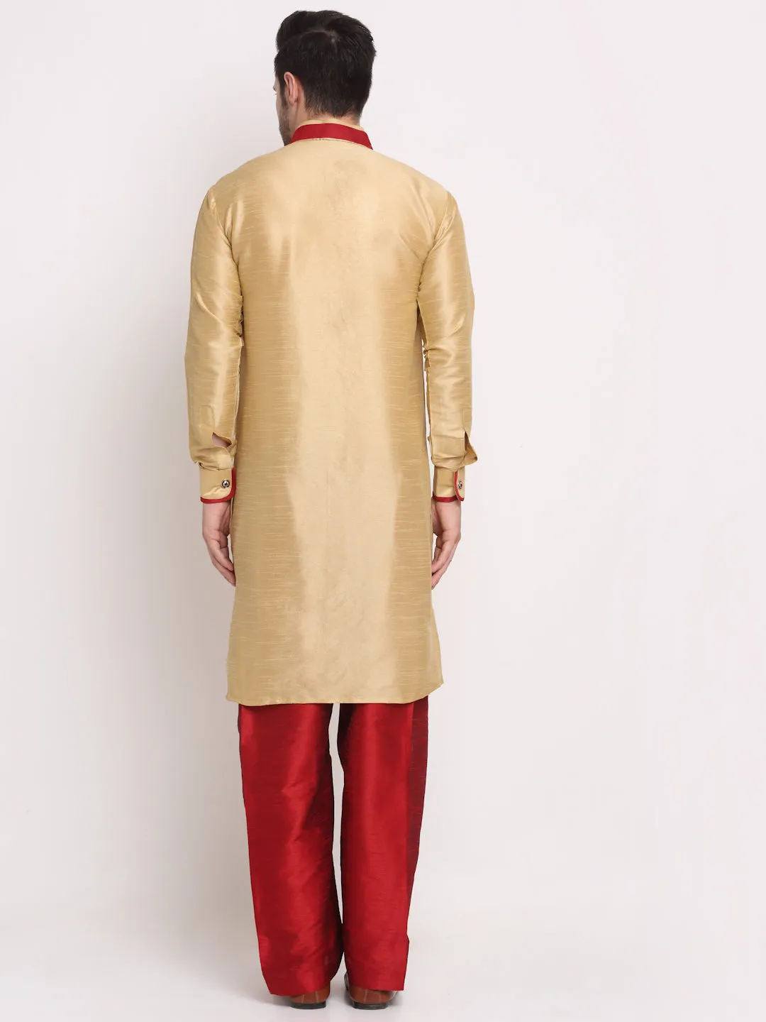 Men's Gold Solid Kurta With Maroon Pyjamas Set - Benstoke