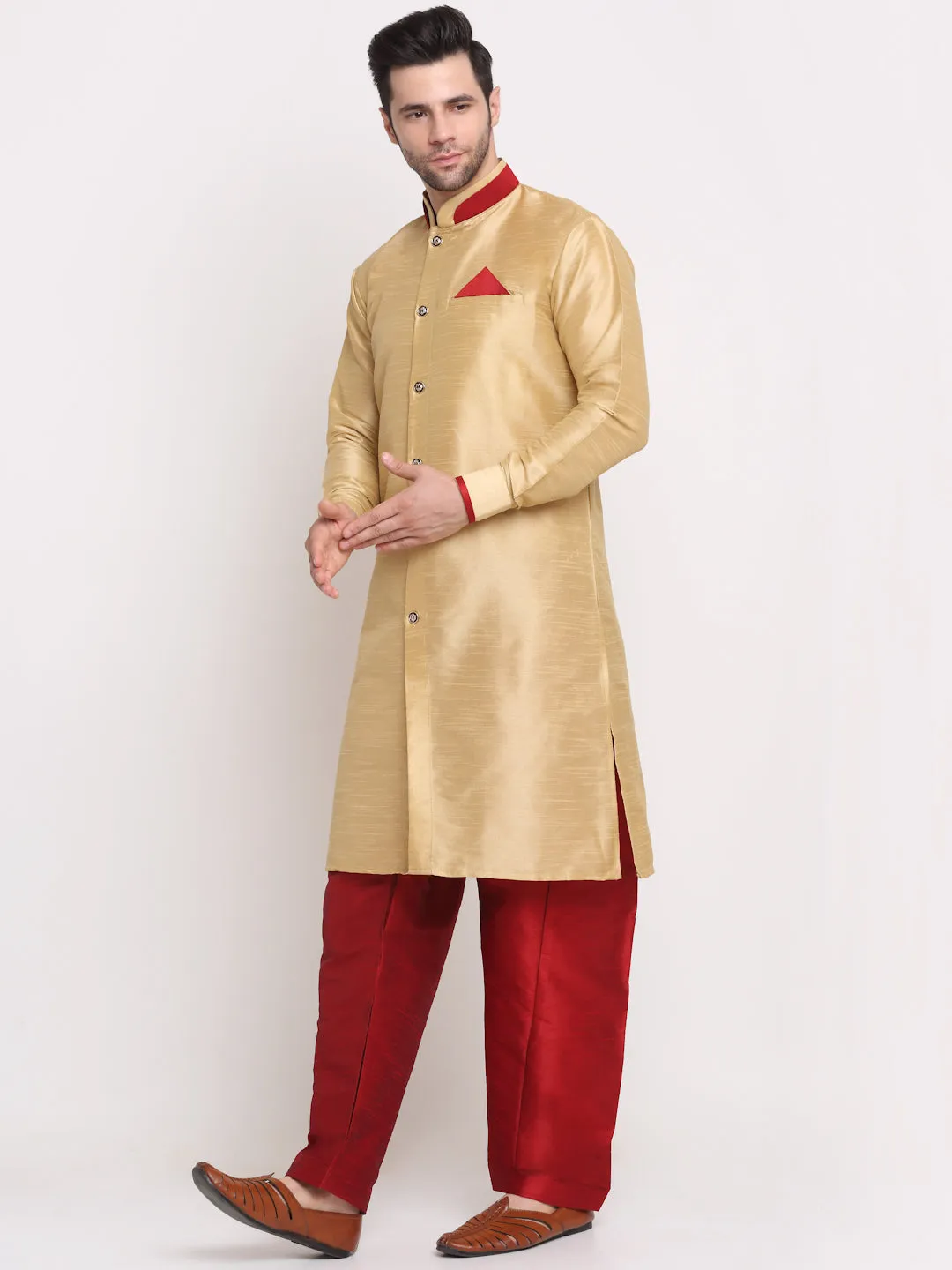 Men's Gold Solid Kurta With Maroon Pyjamas Set - Benstoke