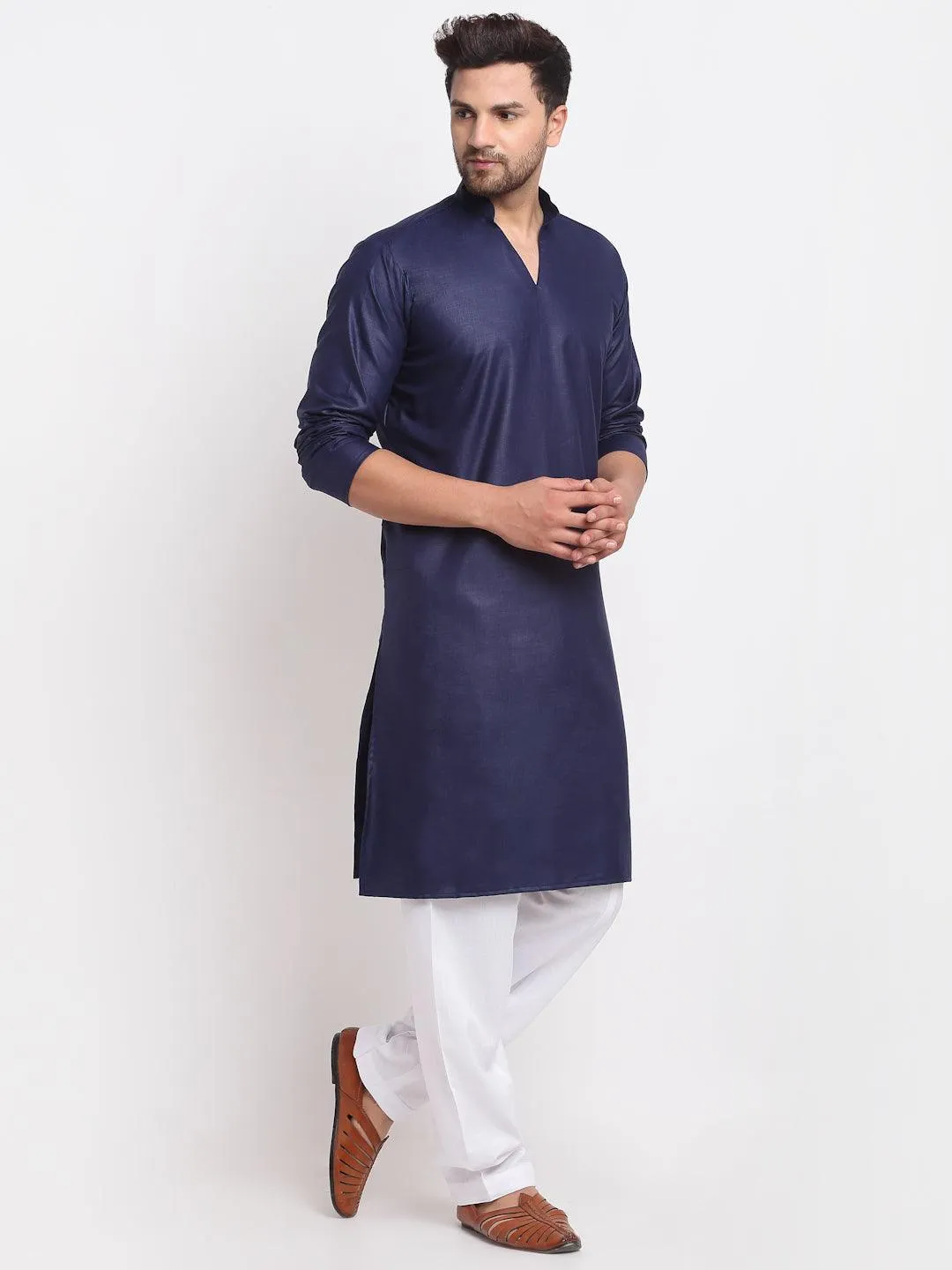 Men's Navy Blue Solid Pathani Kurta With White Salwar - Benstoke