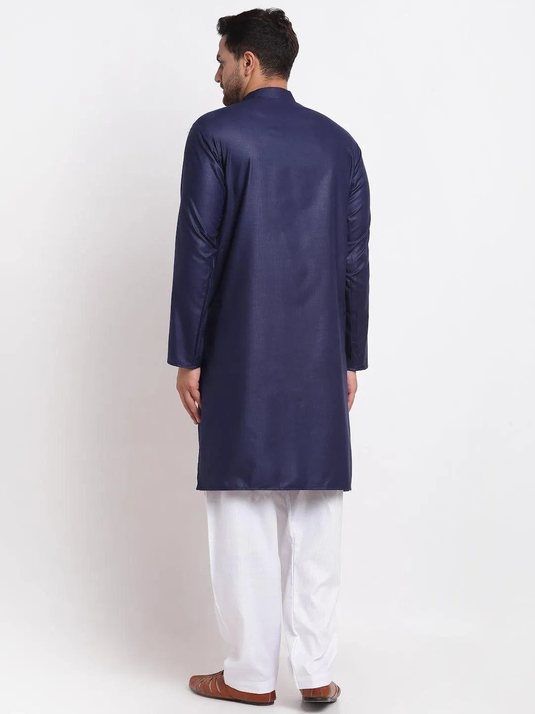 Men's Navy Blue Solid Pathani Kurta With White Salwar - Benstoke