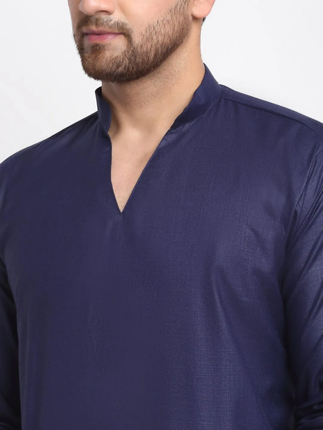 Men's Navy Blue Solid Pathani Kurta With White Salwar - Benstoke