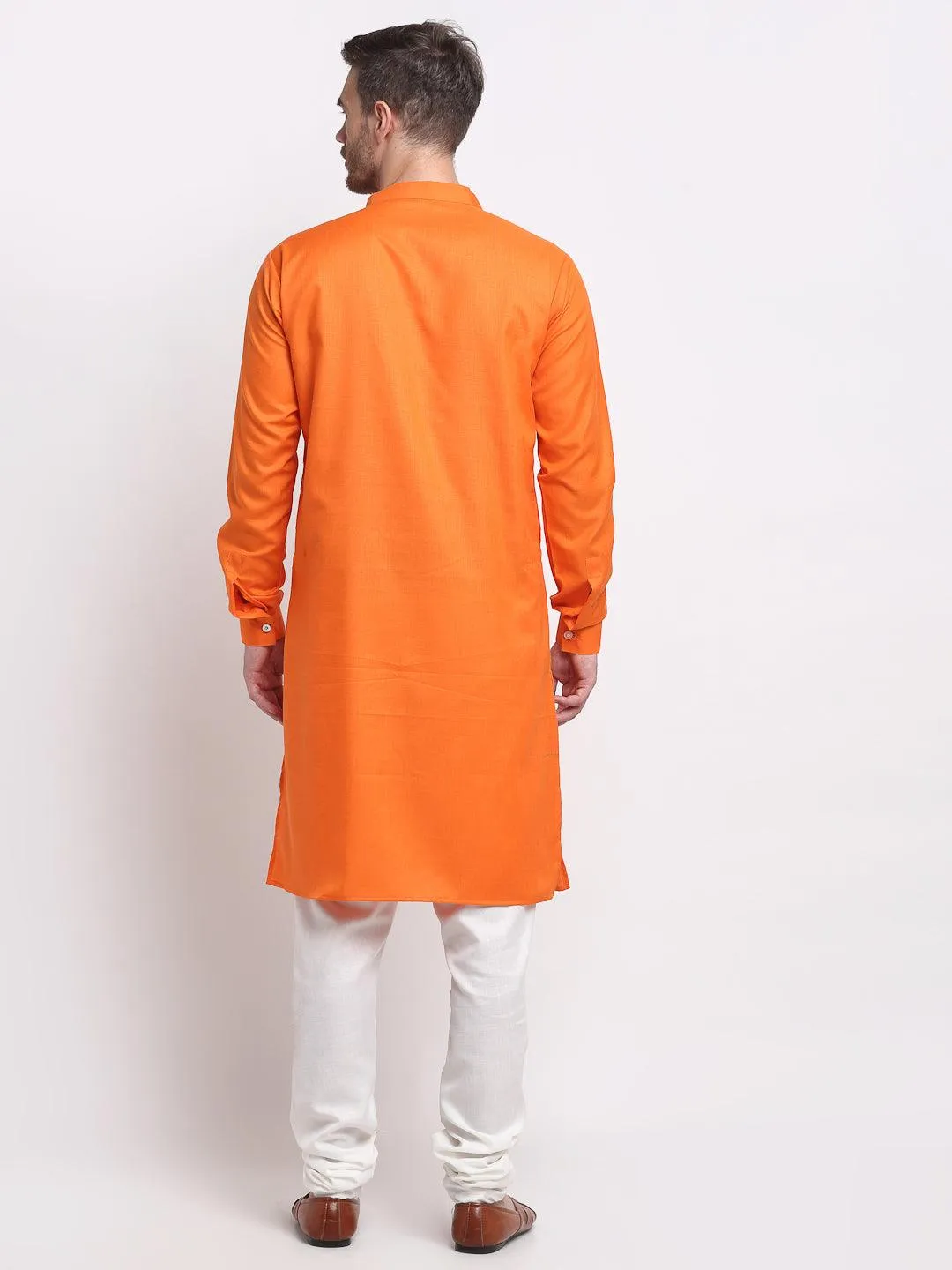 Men's Orange Pintuck Design Kurta With White Churidaar Pyjama - Benstoke