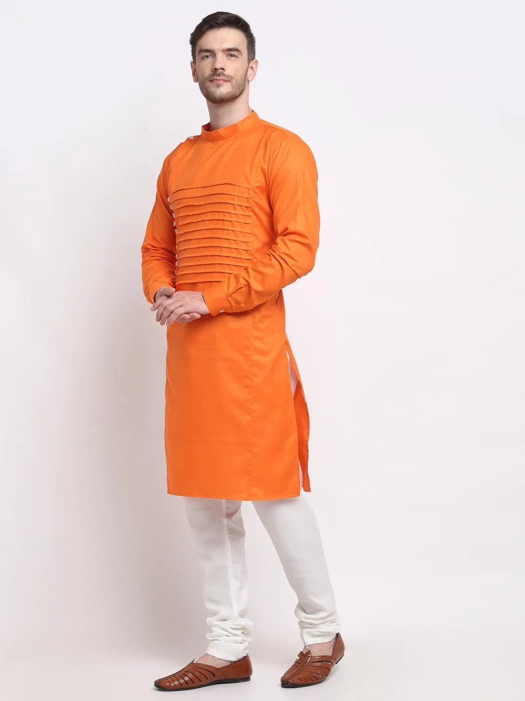 Men's Orange Pintuck Design Kurta With White Churidaar Pyjama - Benstoke