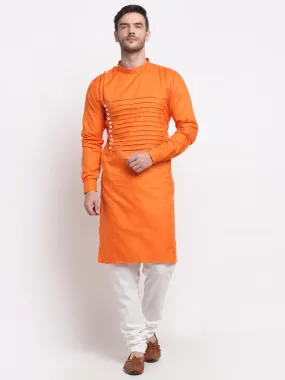 Men's Orange Pintuck Design Kurta With White Churidaar Pyjama - Benstoke