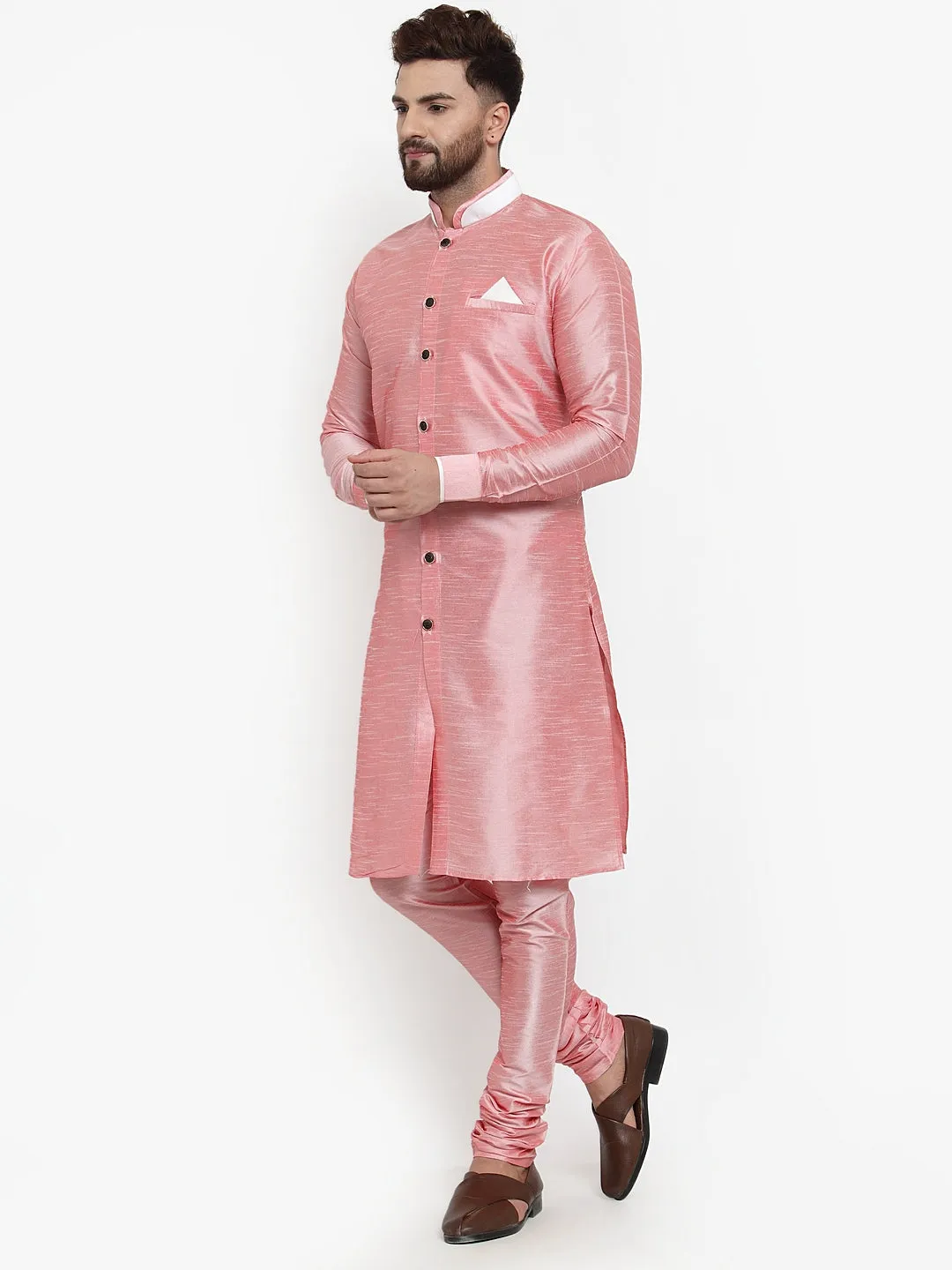 Men's Pink Solid Kurta With Churidaar Pyjama Set - Benstoke