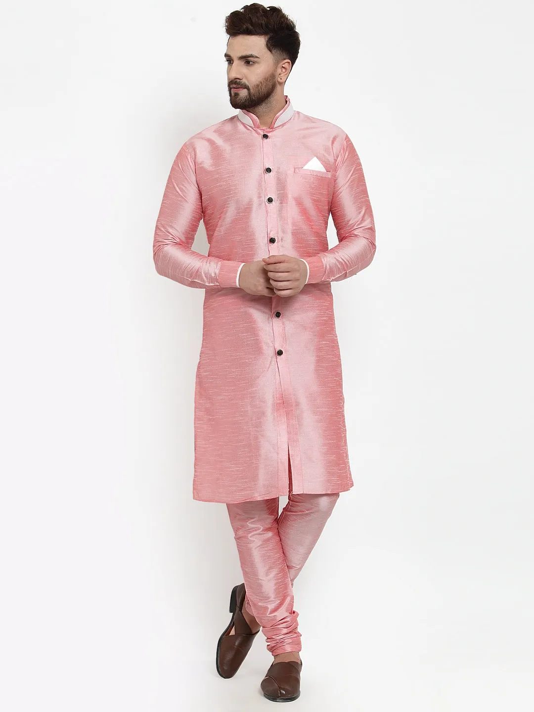 Men's Pink Solid Kurta With Churidaar Pyjama Set - Benstoke