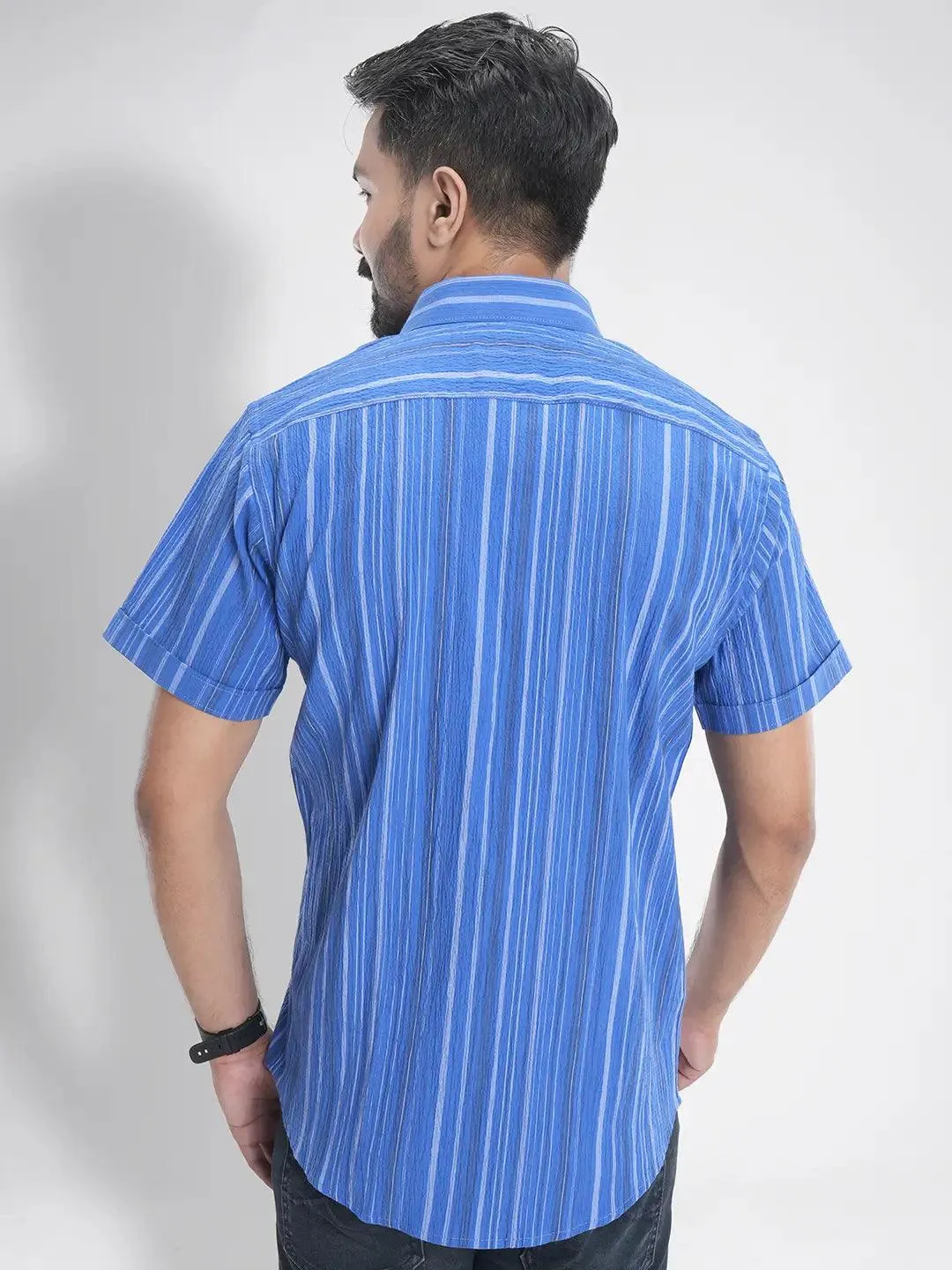 Men's Short Sleeve Casual Shirt in Admiral Blue Stripe