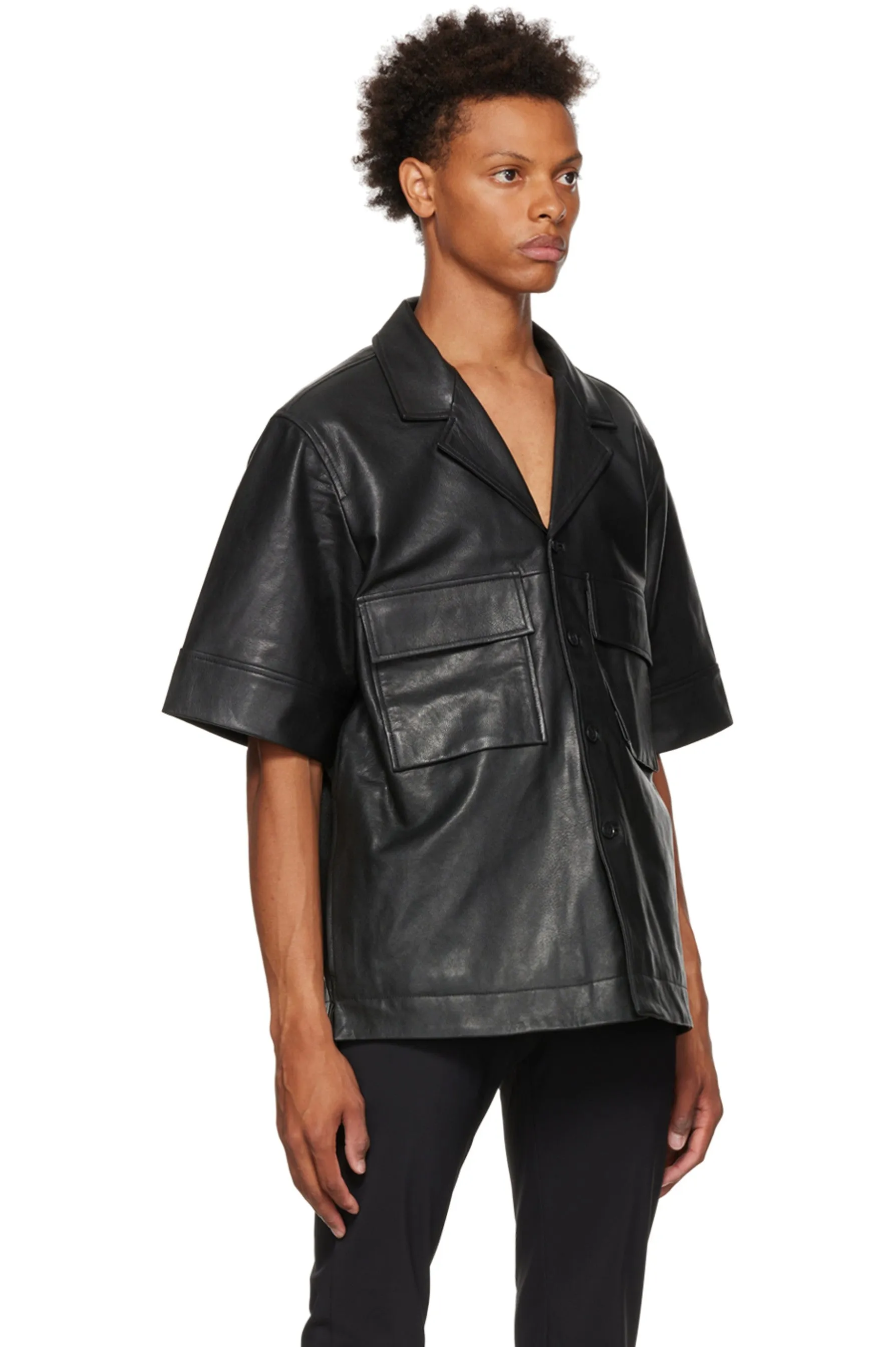 Men’s V-Neck Black Leather Shirt Half Sleeves