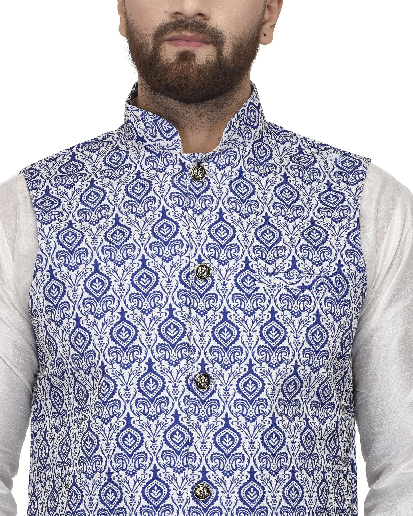 Men's White Kurta With Dhoti & Steeal Grey Printed Nehru Jacket - Benstoke